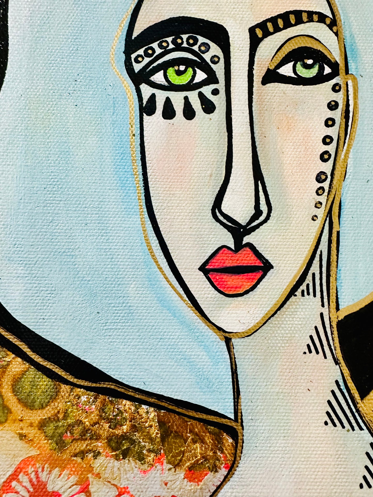 Original, signed painting-10x20” wide pained edge canvas: Abstract portrait w/ mixed media