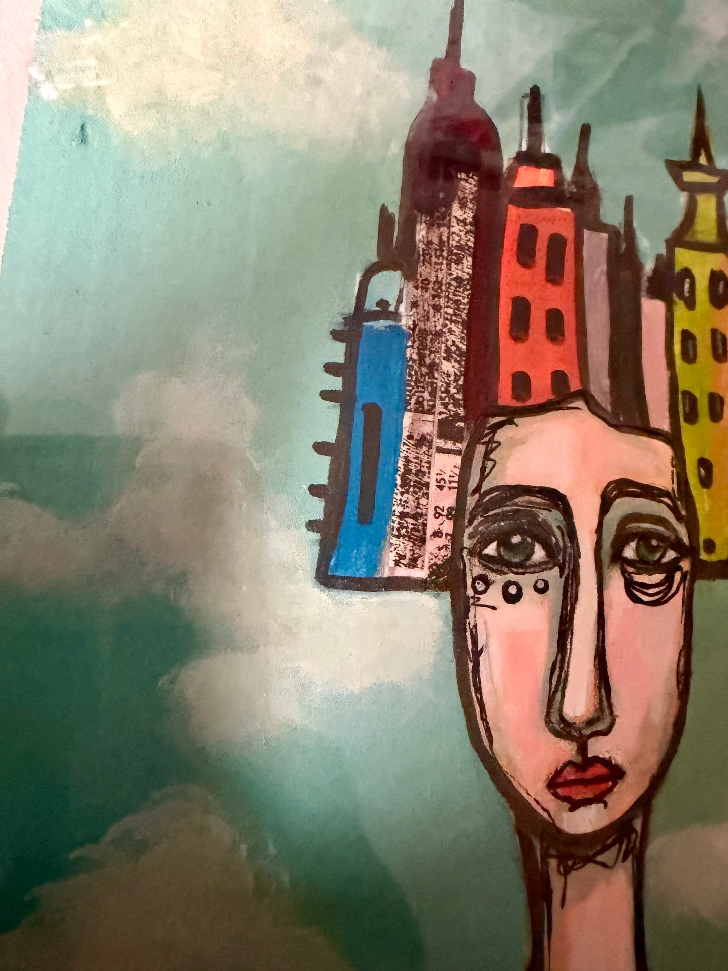Original,signed painting/mixed media collage portrait on board in black frame, 10x12