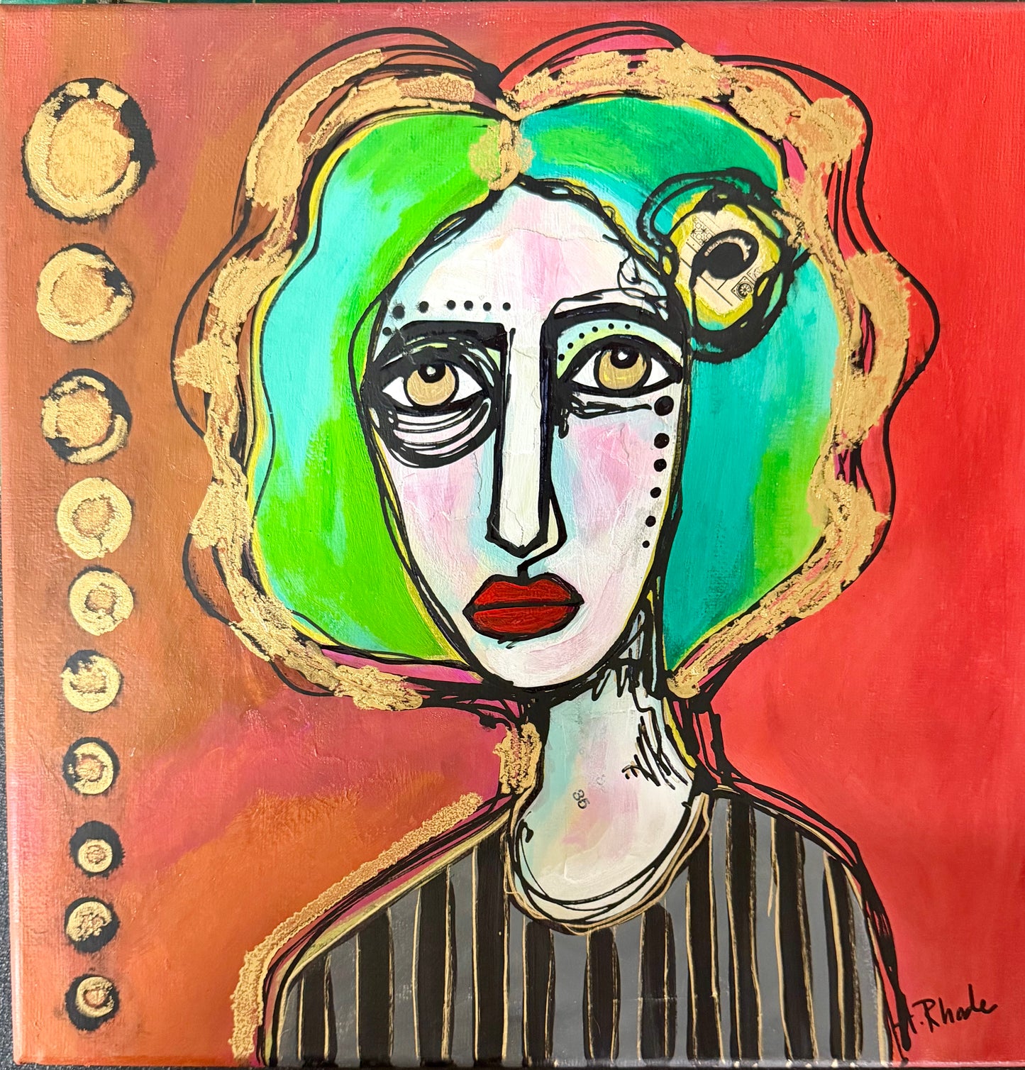 Original, signed painting on canvas  Abstract portrait w/mixed media - square 12x12”
