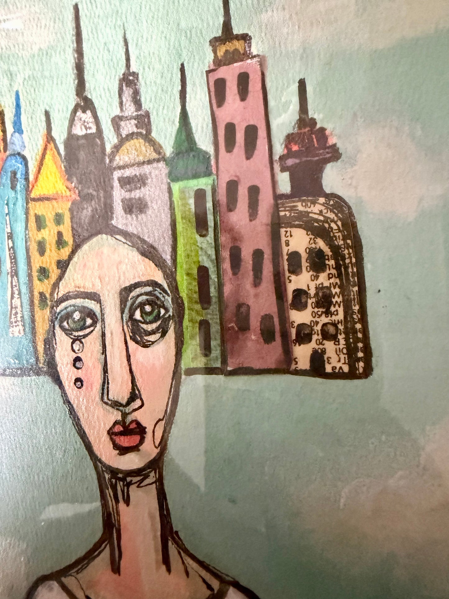 Original,signed painting/mixed media collage portrait on board in black frame, 10x12