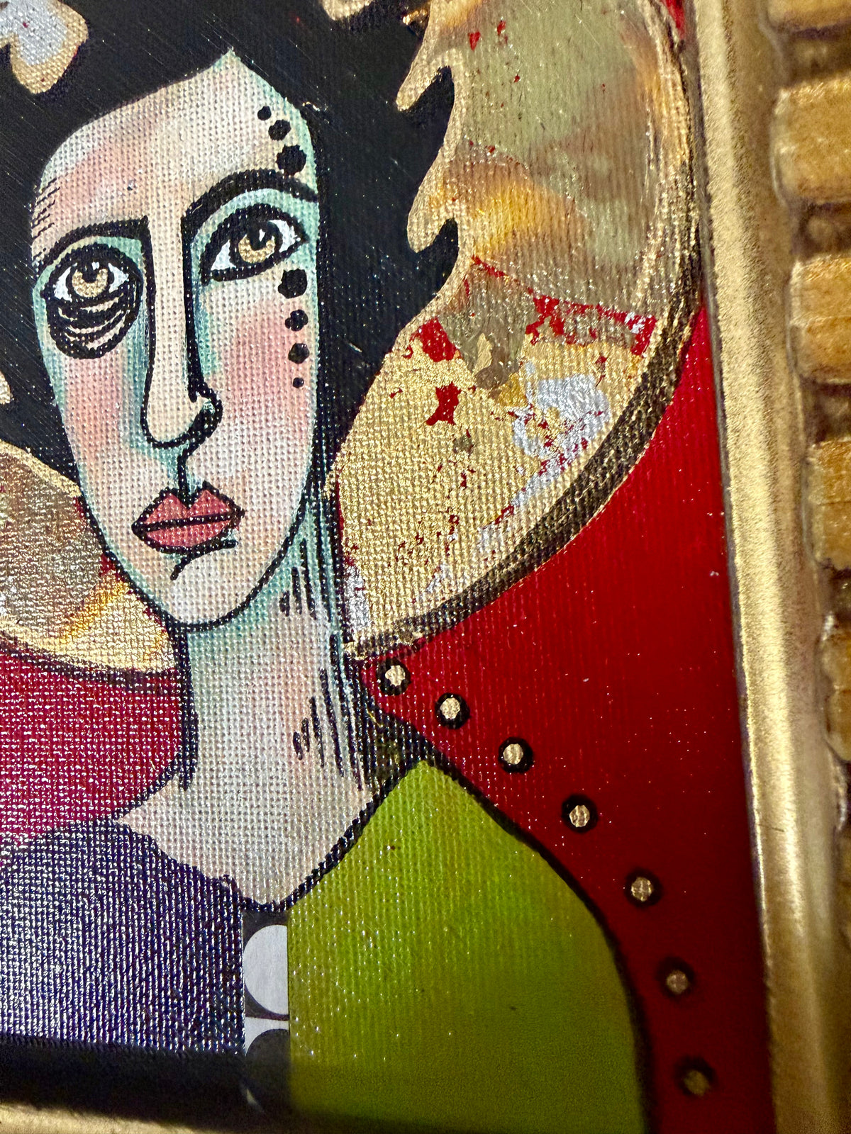 Original,signed painting-mixed media portrait on canvas in gold frame 9x11