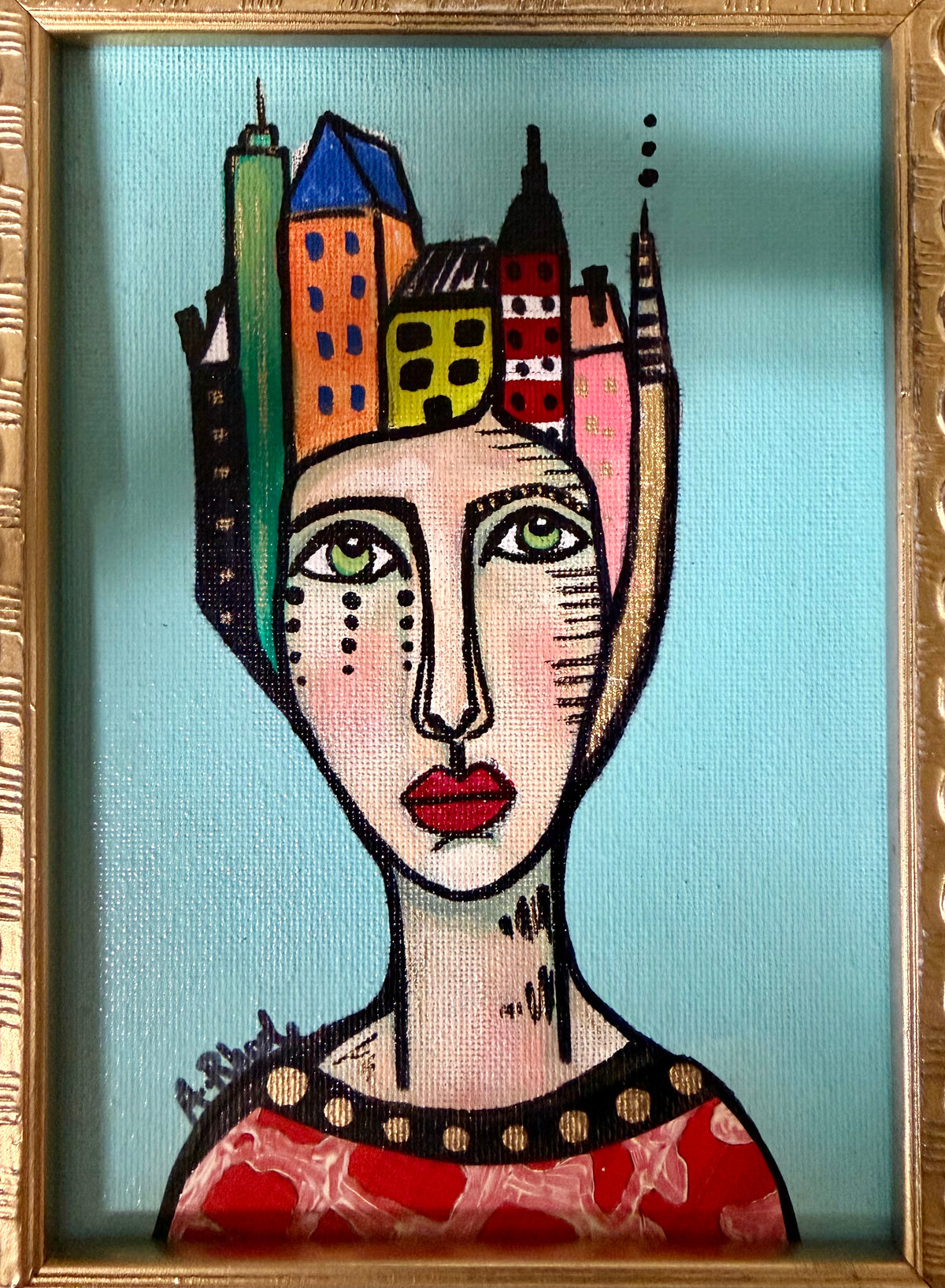 Original,signed painting-mixed media portrait on canvas in gold frame 10x12