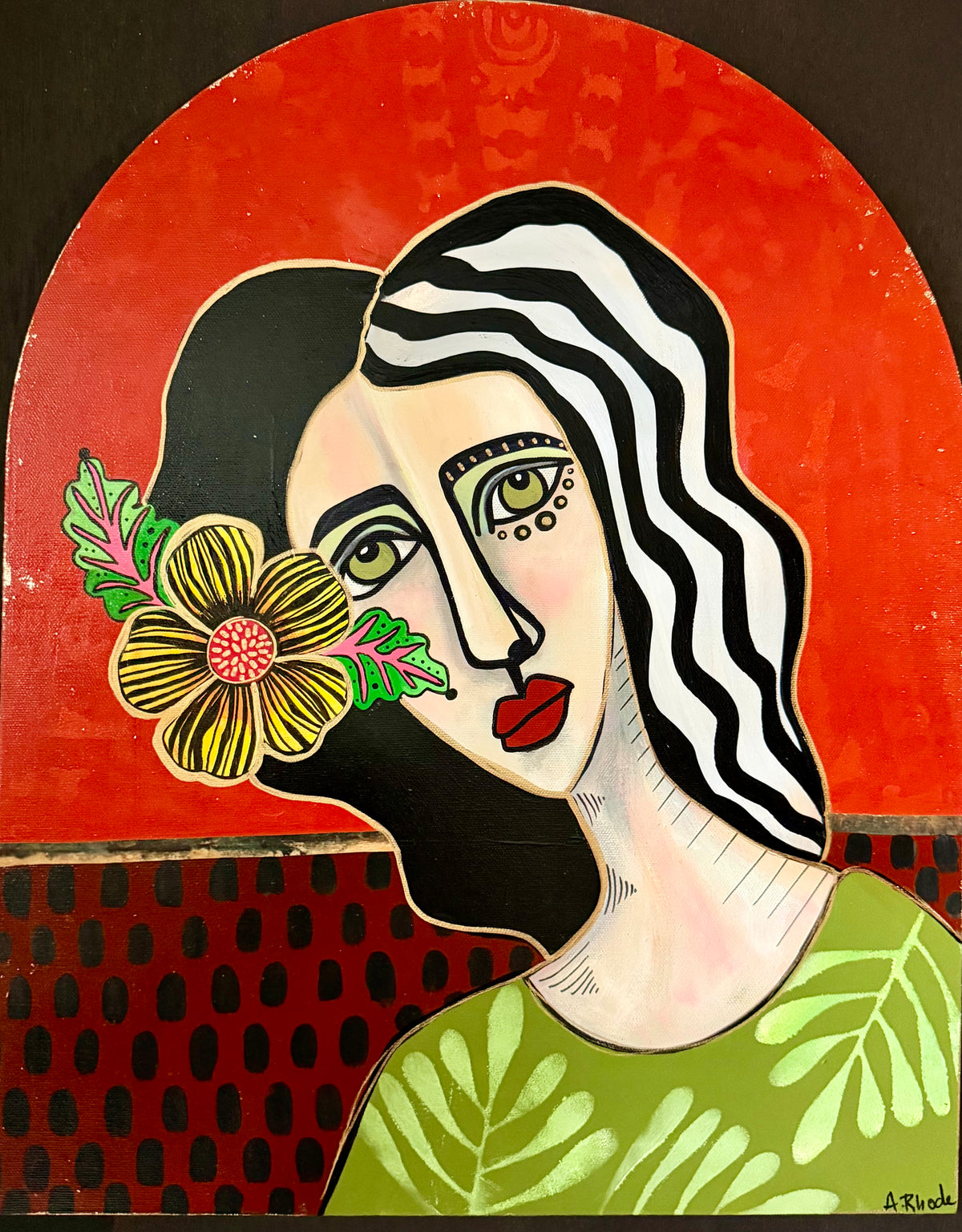 16x20 Original signed painting on arched canvas w/ gold edge. Abstract portrait