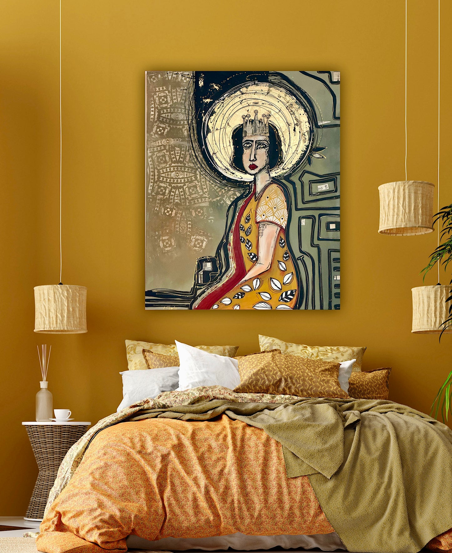 48x60” Original signed painting-wide gallery edge canvas Abstract contour queen portrait w/ mixed media