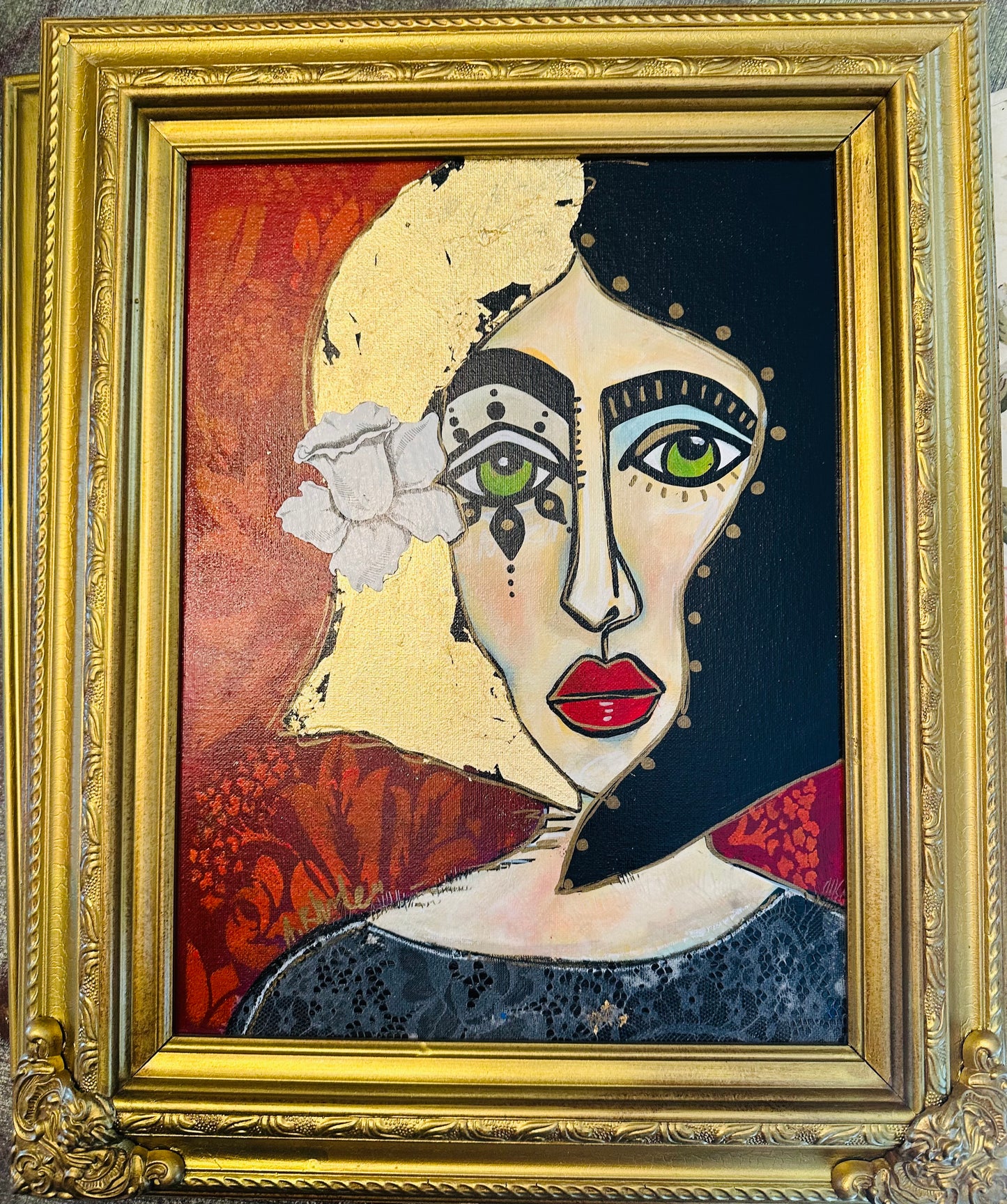 Original painting on canvas board w/ ornate frame 17x21”Abstract Portrait w/ mixed media collage/gold leaf