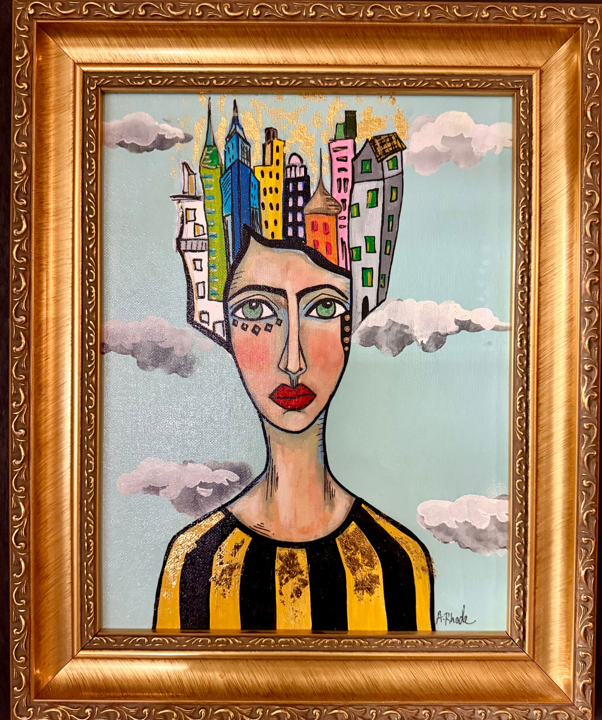Original,signed painting-mixed media portrait on canvas in gold frame 14x17