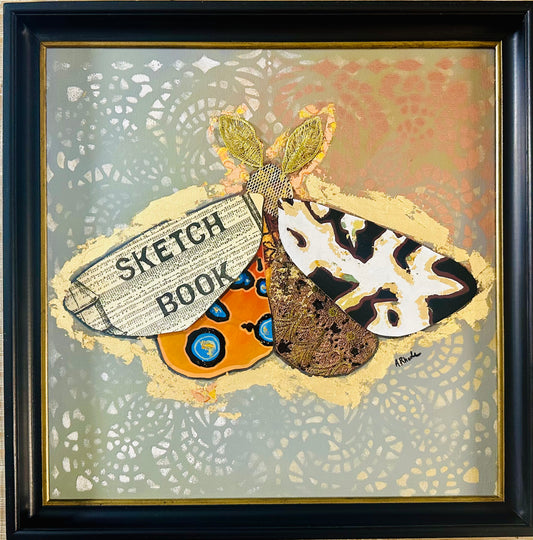 Original Mixed Media and Hand-Painted & collaged Moth on canvas board in vintage frame 18x18”