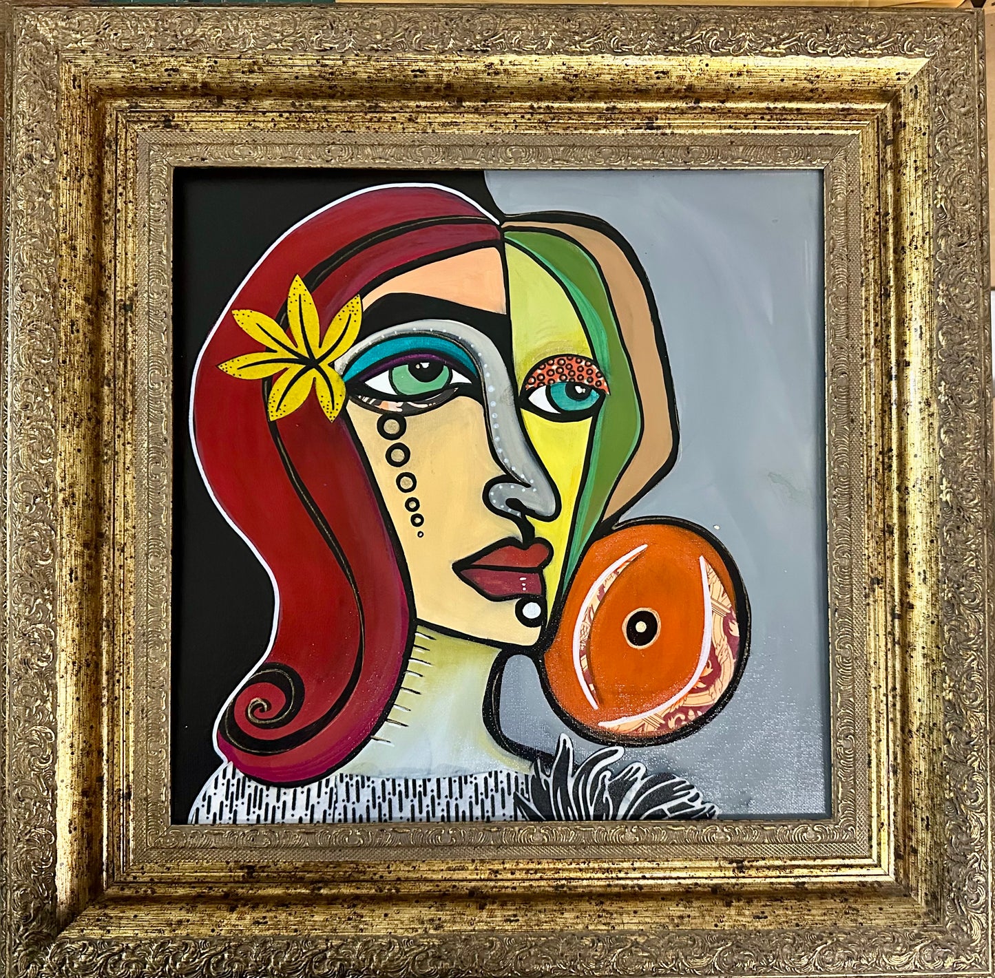 Original painting on canvas board - gold frame 22x22” Abstract Portrait w/mixed media collage