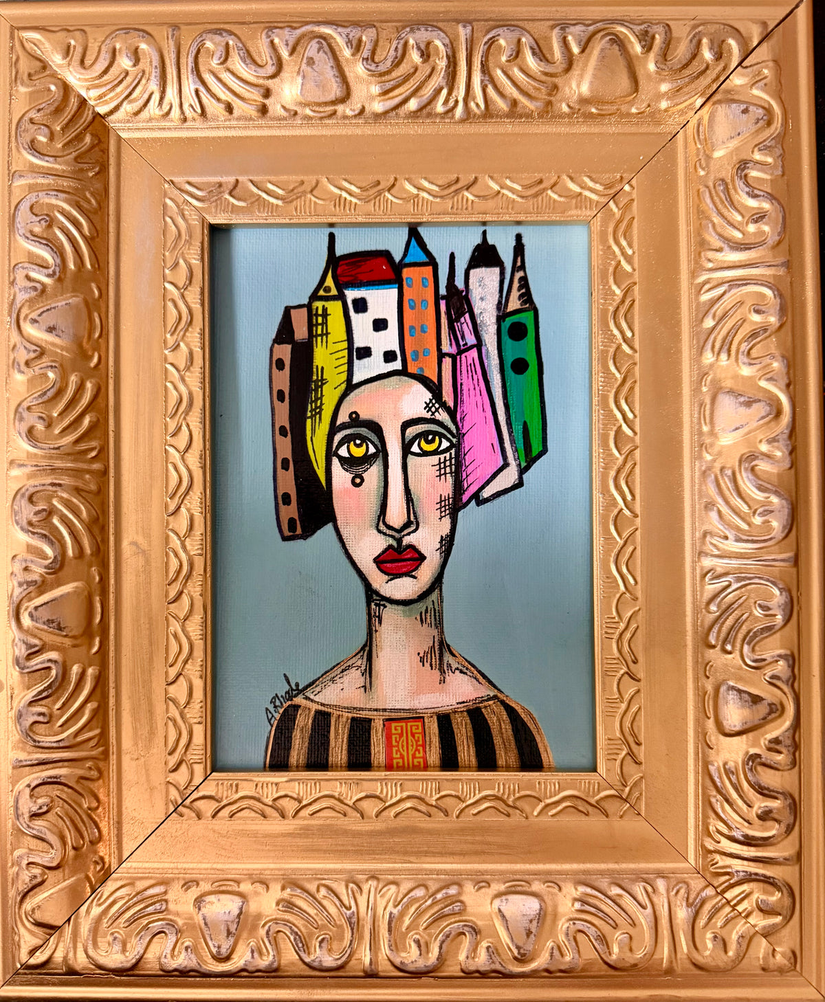 Original,signed painting-mixed media portrait on canvas in gold frame 10x12