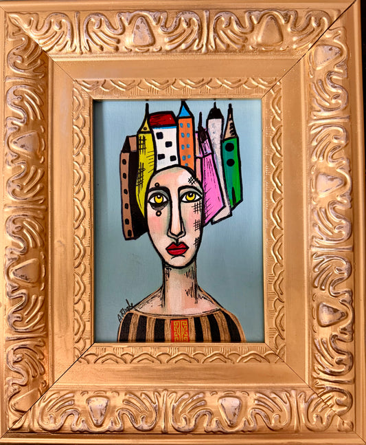 Original,signed painting-mixed media portrait on canvas in gold frame 10x12