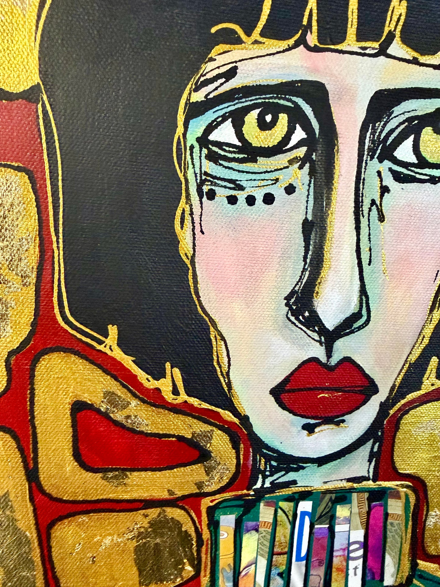 Original, signed painting-12x24” painted edge canvas: Abstract portrait w/ mixed media crown