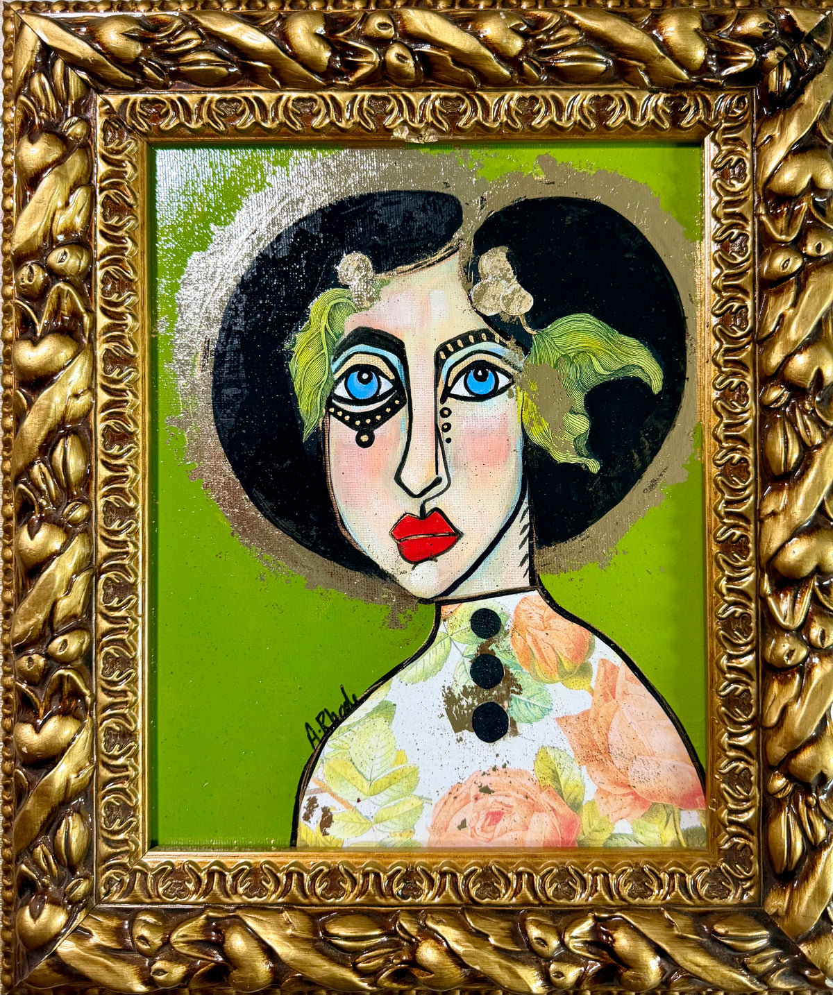 Original,signed painting-mixed media portrait on canvas board in gold frame 12x14”