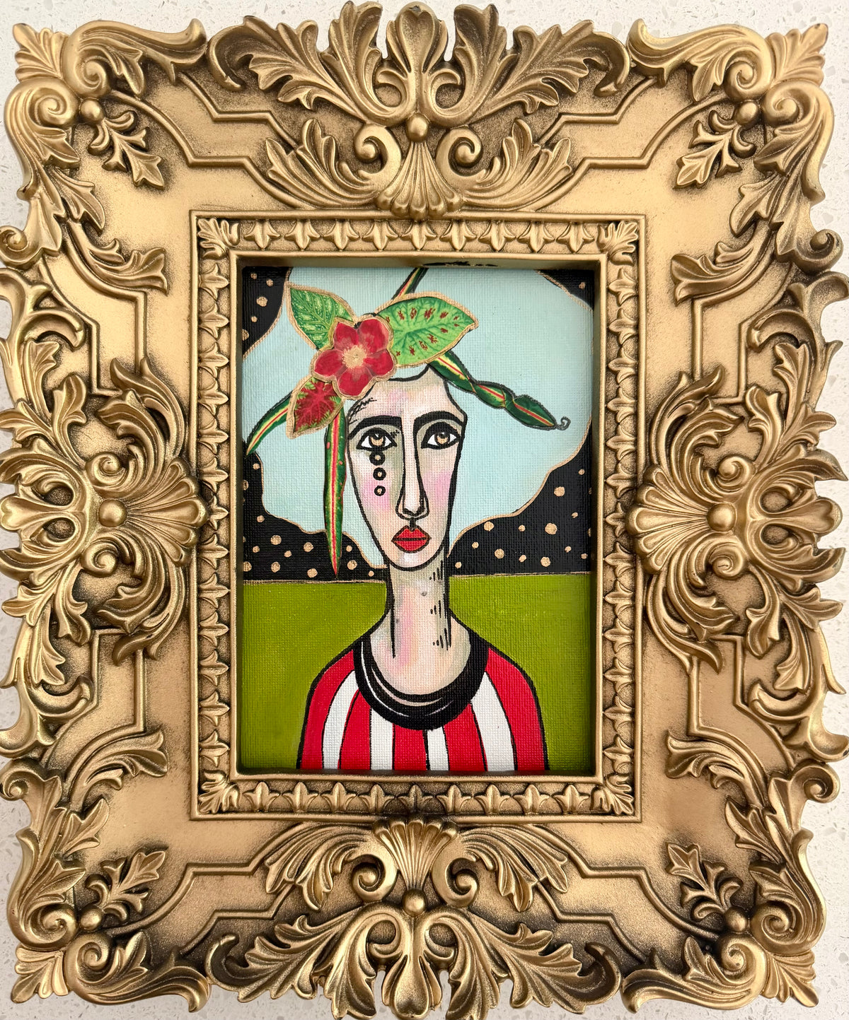Original,signed painting-mixed media portrait on canvas in gold frame 10x12