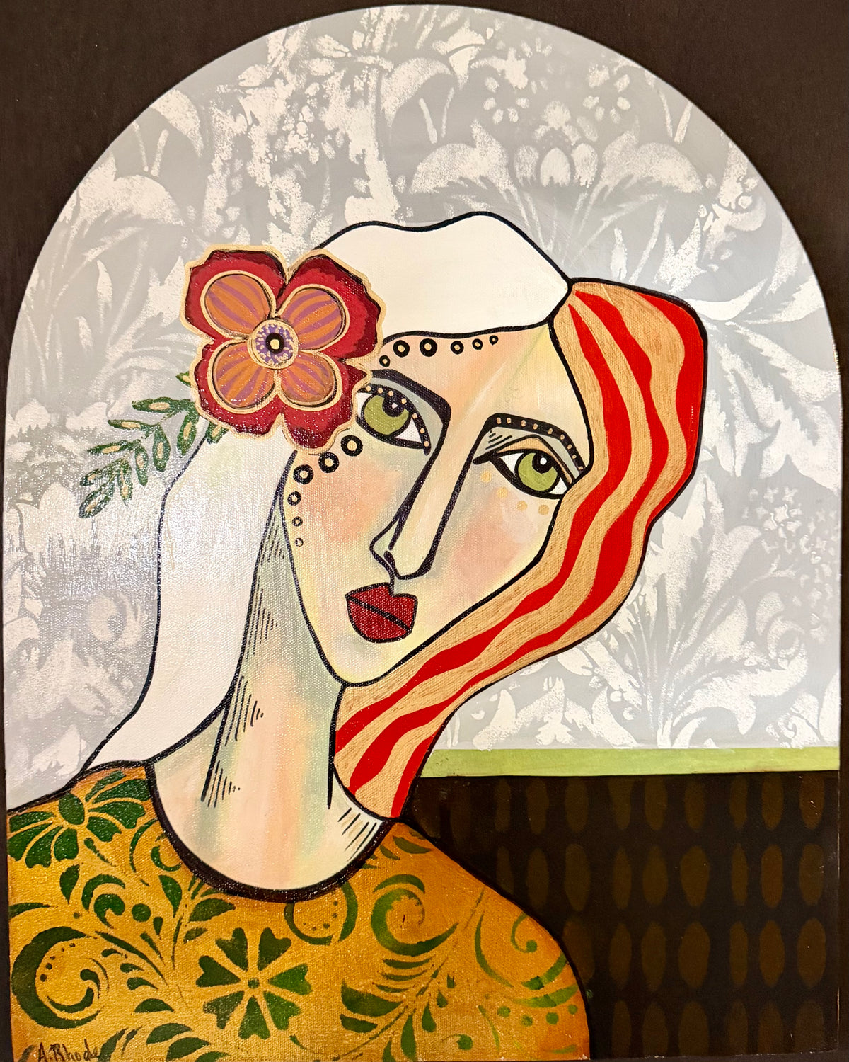16x20 Original signed painting on arched canvas w/ gold edge. Abstract portrait, acrylic