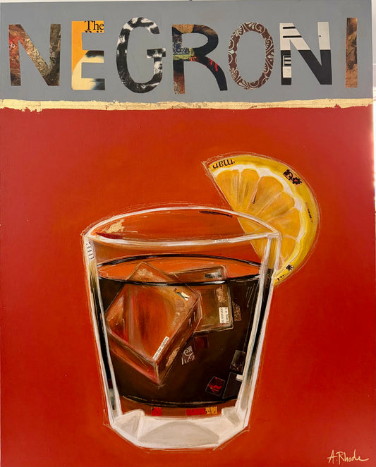 Original, signed Negroni collage!  Acrylic & mixed media on wide gallery canvas. 16x20”