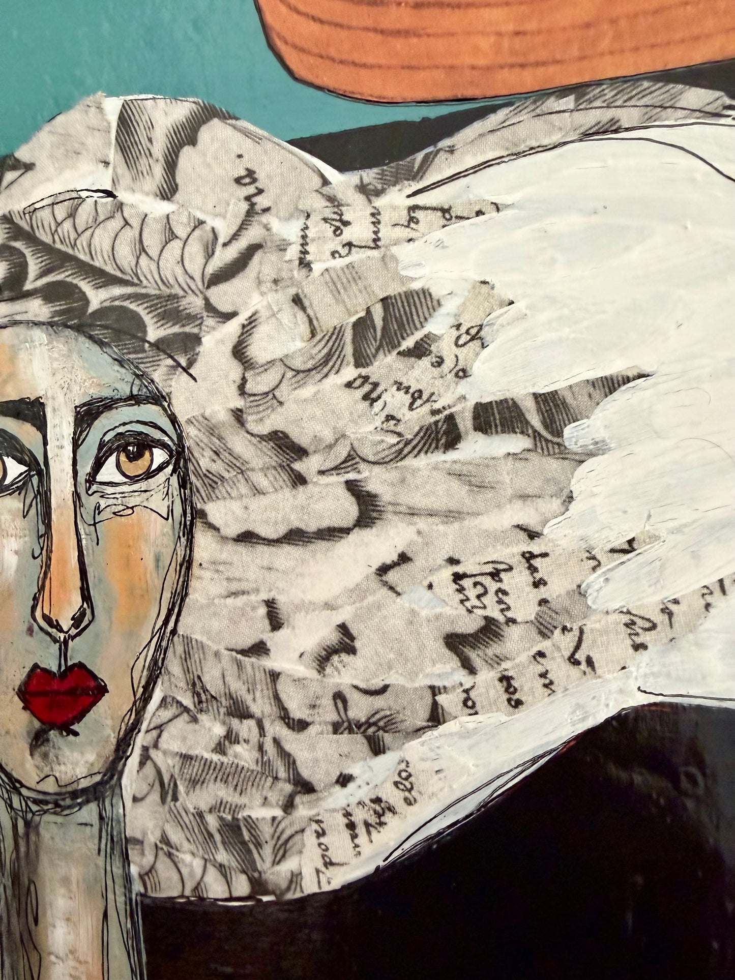 Original, signed mixed media painting/collage on 1in framed wood panel   Abstract portrait w/mixed media -12x12”