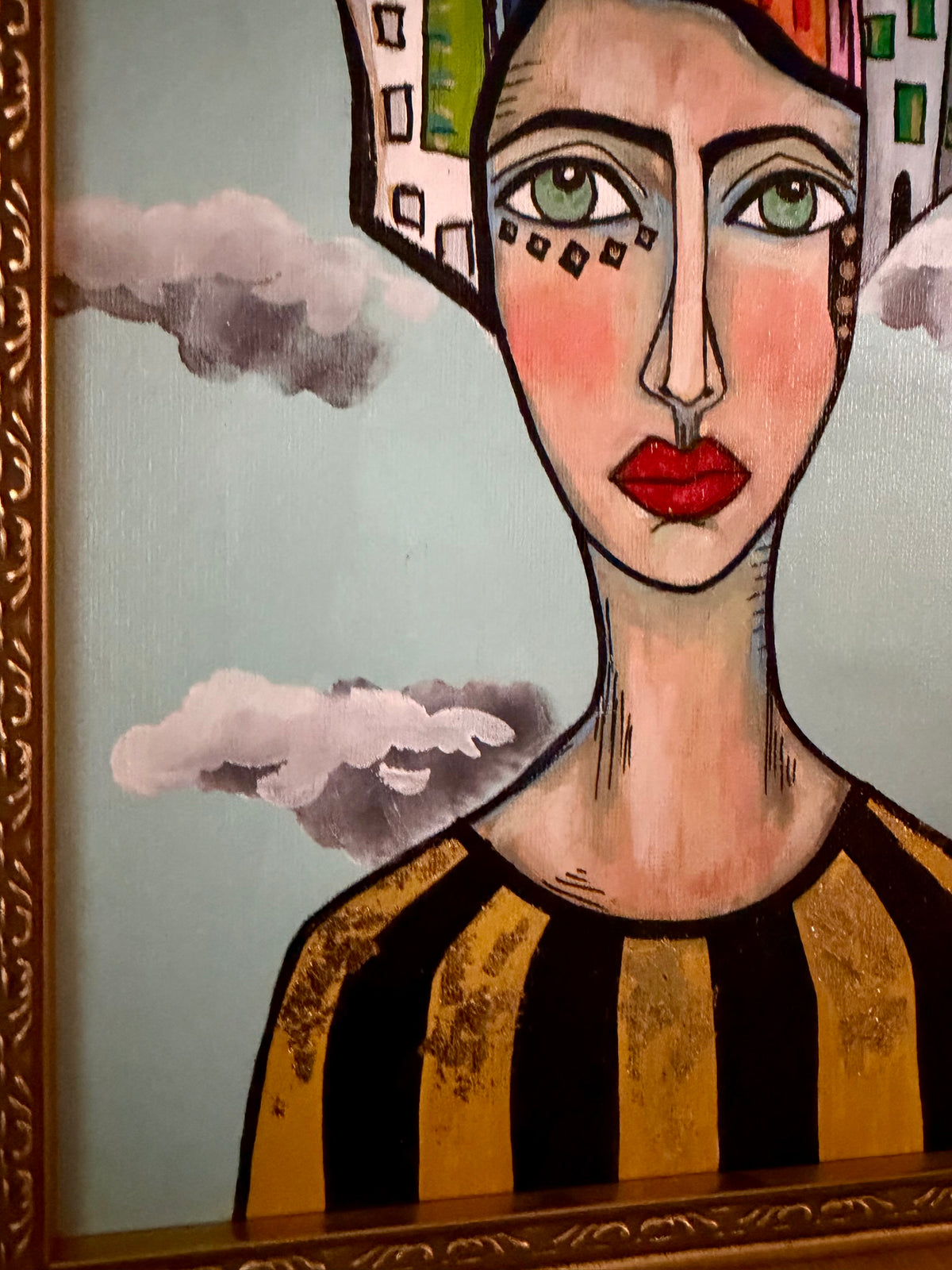 Original,signed painting-mixed media portrait on canvas in gold frame 14x17
