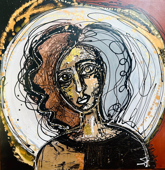 Original painting on black canvas. Approx. 40x40”Abstract portrait w/mixed media collage & metallic ink/gold leaf