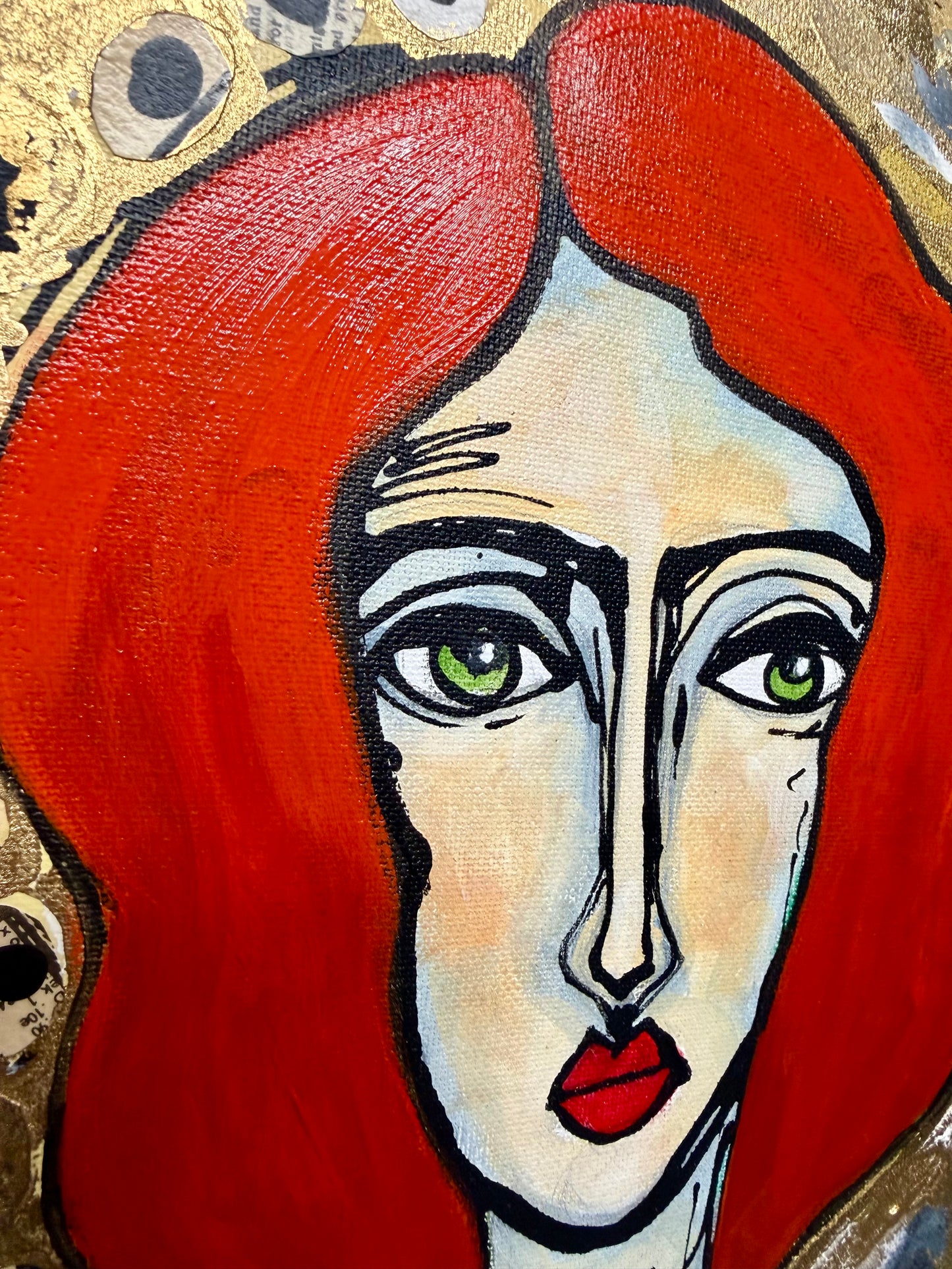 Original, signed painting-24x36” collaged edge canvas: Abstract portrait w/ mixed media