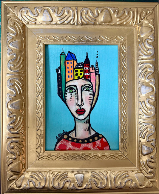 Original,signed painting-mixed media portrait on canvas in gold frame 10x12