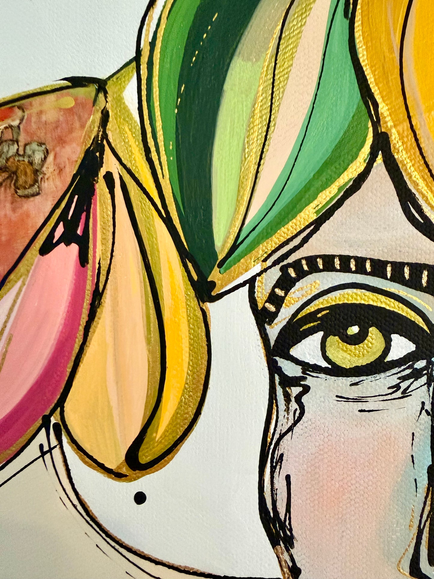 Original, signed painting-15x30”painted, wide edge canvas: Abstract portrait with mixed media collage