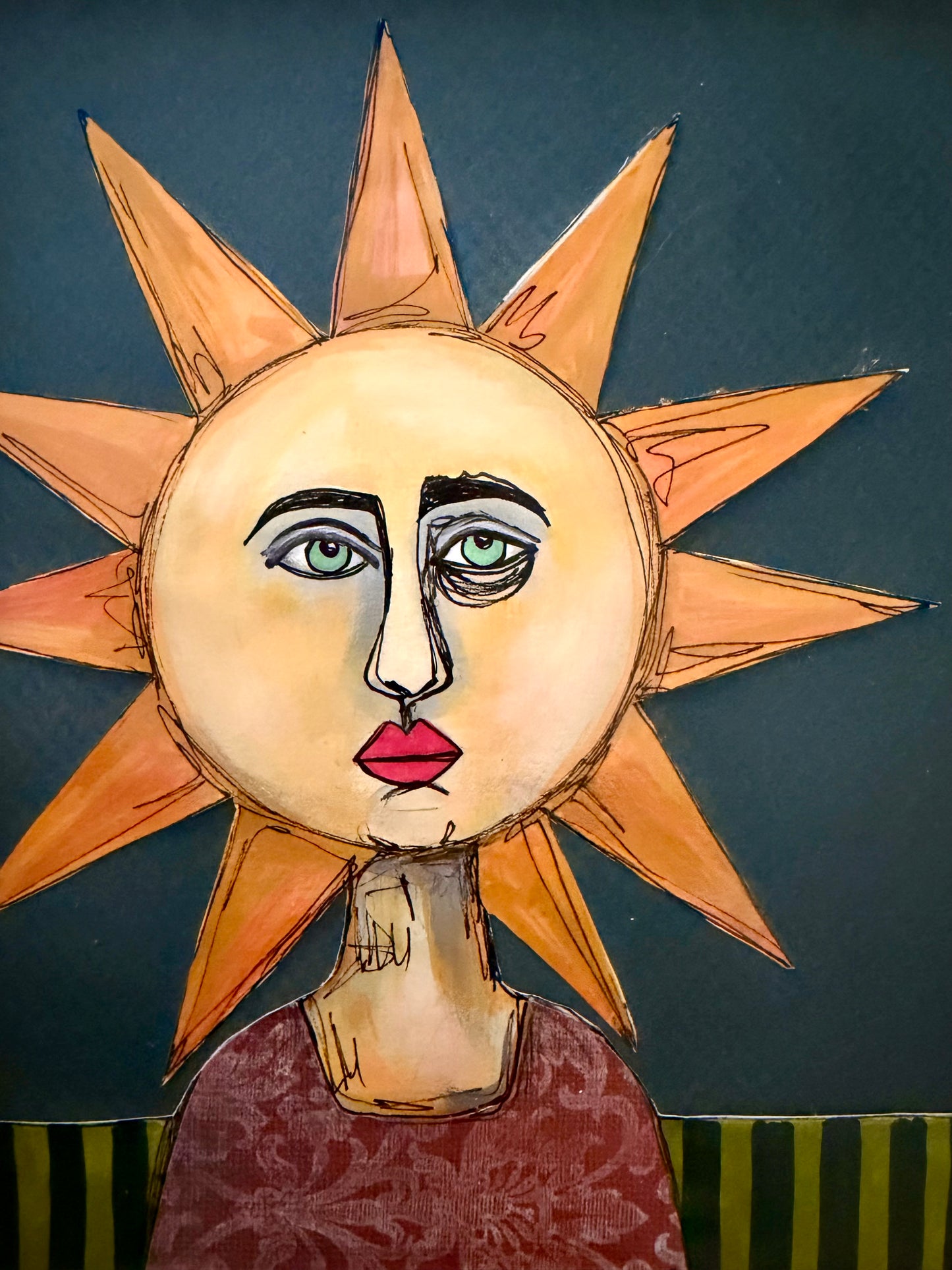 Original,signed small painting/mixed media collage portrait on board in simple frame 9x11
