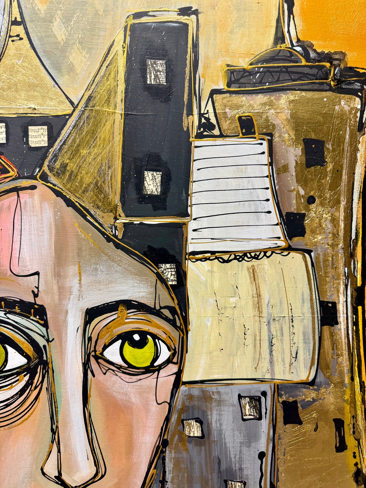 36x48 Original signed painting-wide gallery edge canvas Abstract portrait, acrylic w/mixed media collage & painted edge