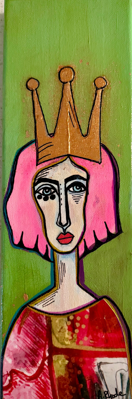 Original, signed mini /slender painting on canvas  Abstract portrait w/mixed media 4x12”