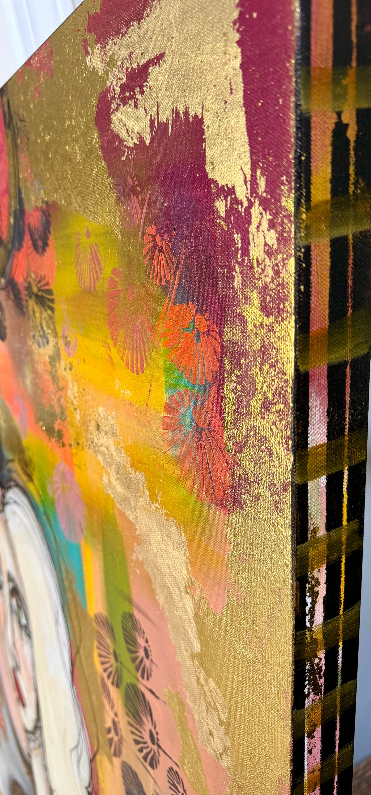 36x48 Original signed painting-wide gallery edge canvas Abstract portrait, acrylic w/mixed media & decorated edge
