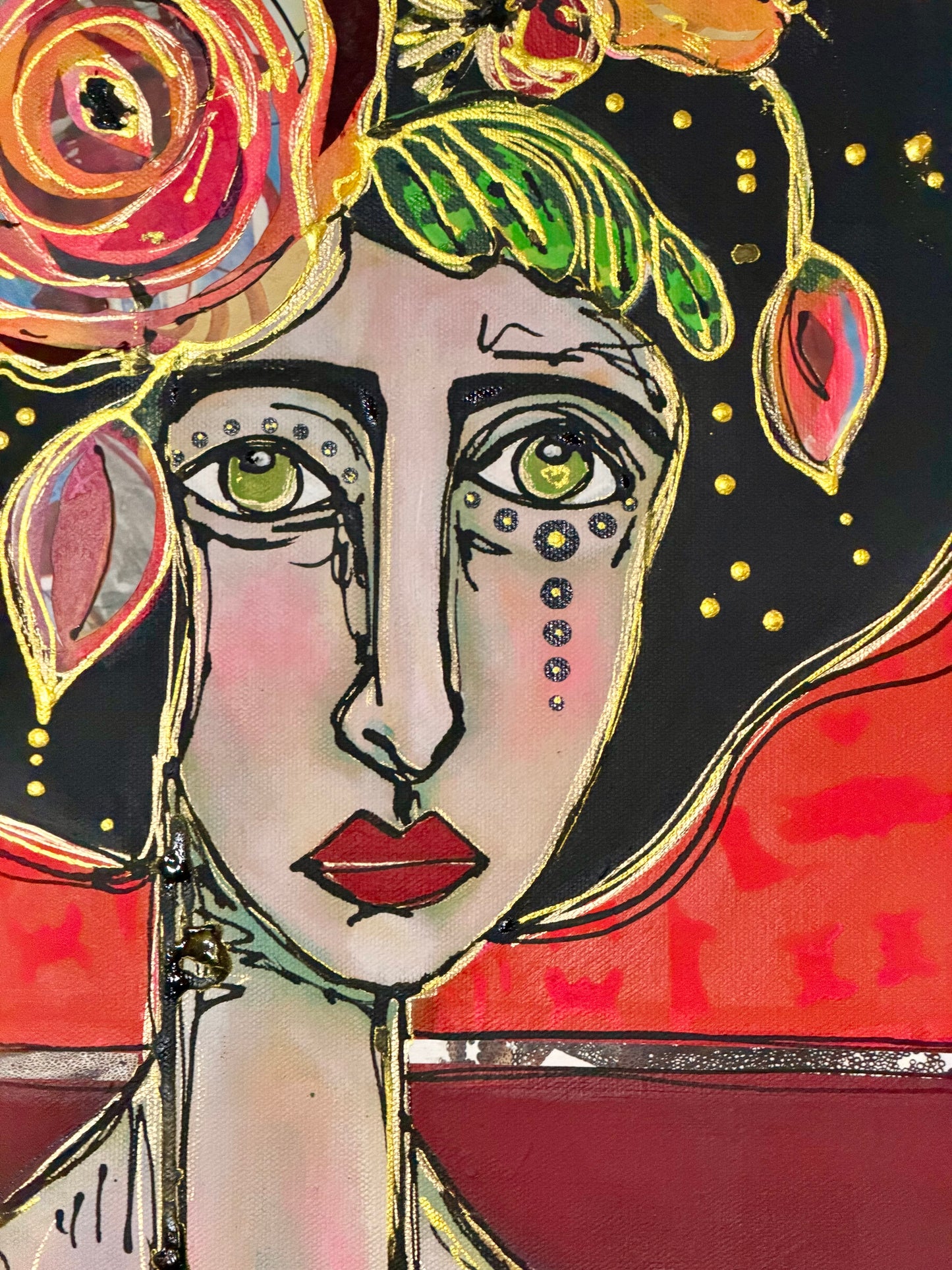 Original, signed painting-20x20”wide edge canvas: Abstract portrait with flowers/mixed media.