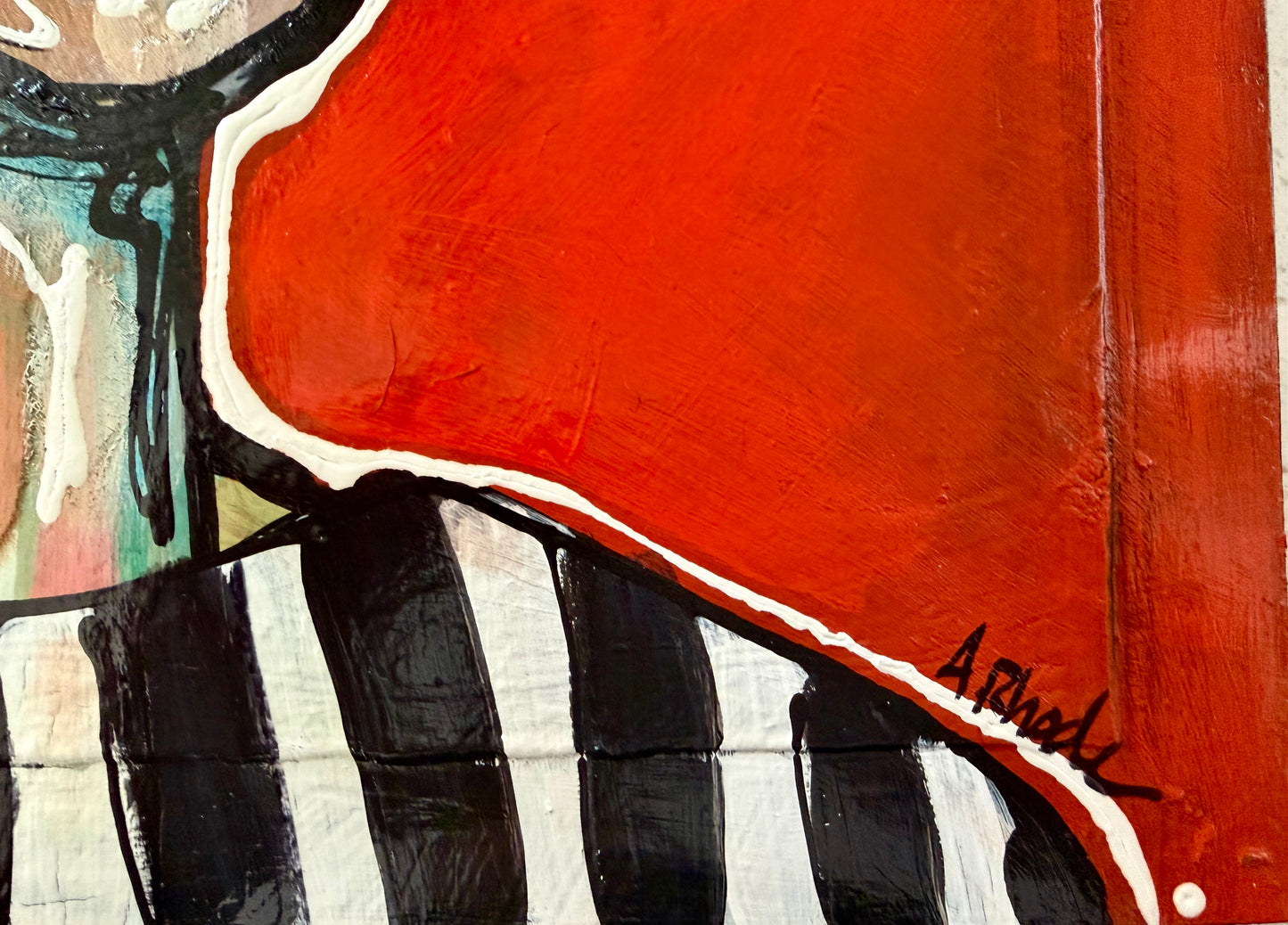 Original, signed mixed media painting/collage on box-framed wood panel. Abstract portrait w/mixed media -11x14”