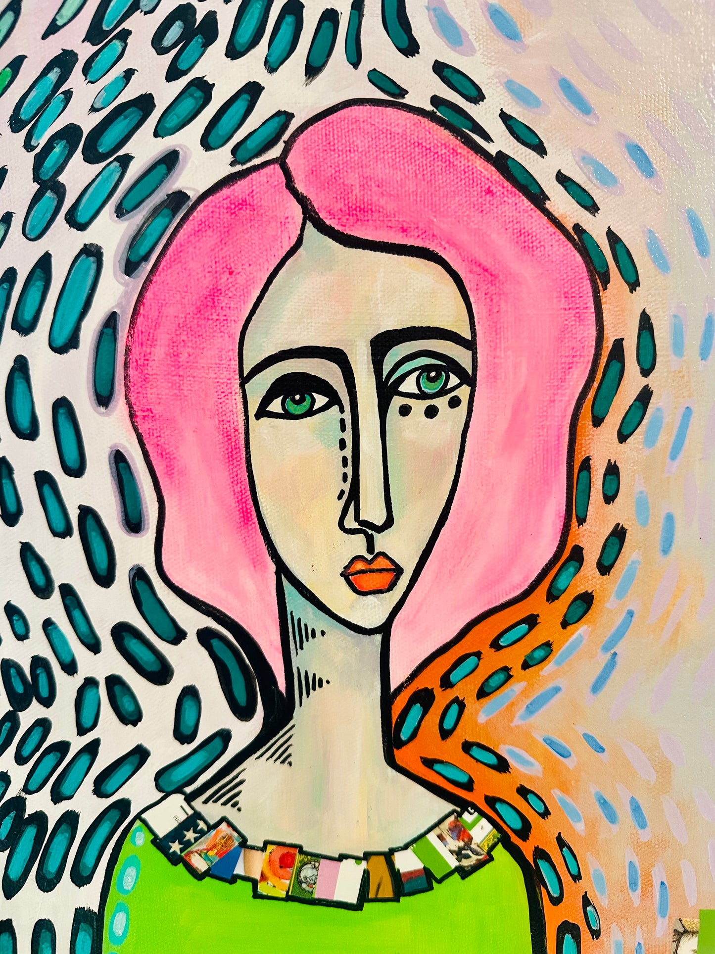 Original, signed painting-18x18” wide collage edge canvas: Abstract portrait w/ mixed media