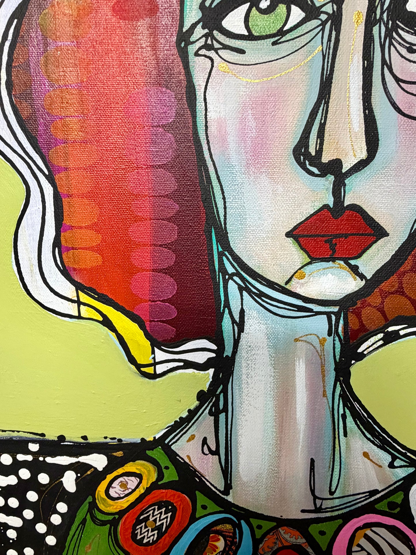 Original, signed painting-20x24”wide edge canvas: Abstract portrait with mixed media and collage edge