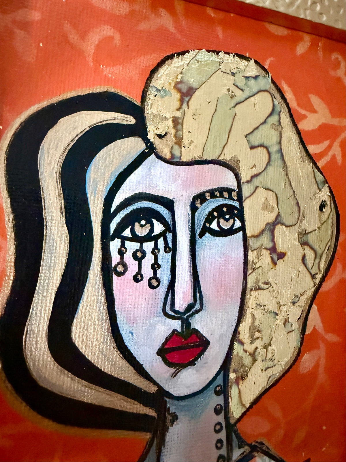 Original,signed painting-mixed media portrait on canvas in gold frame 9x11