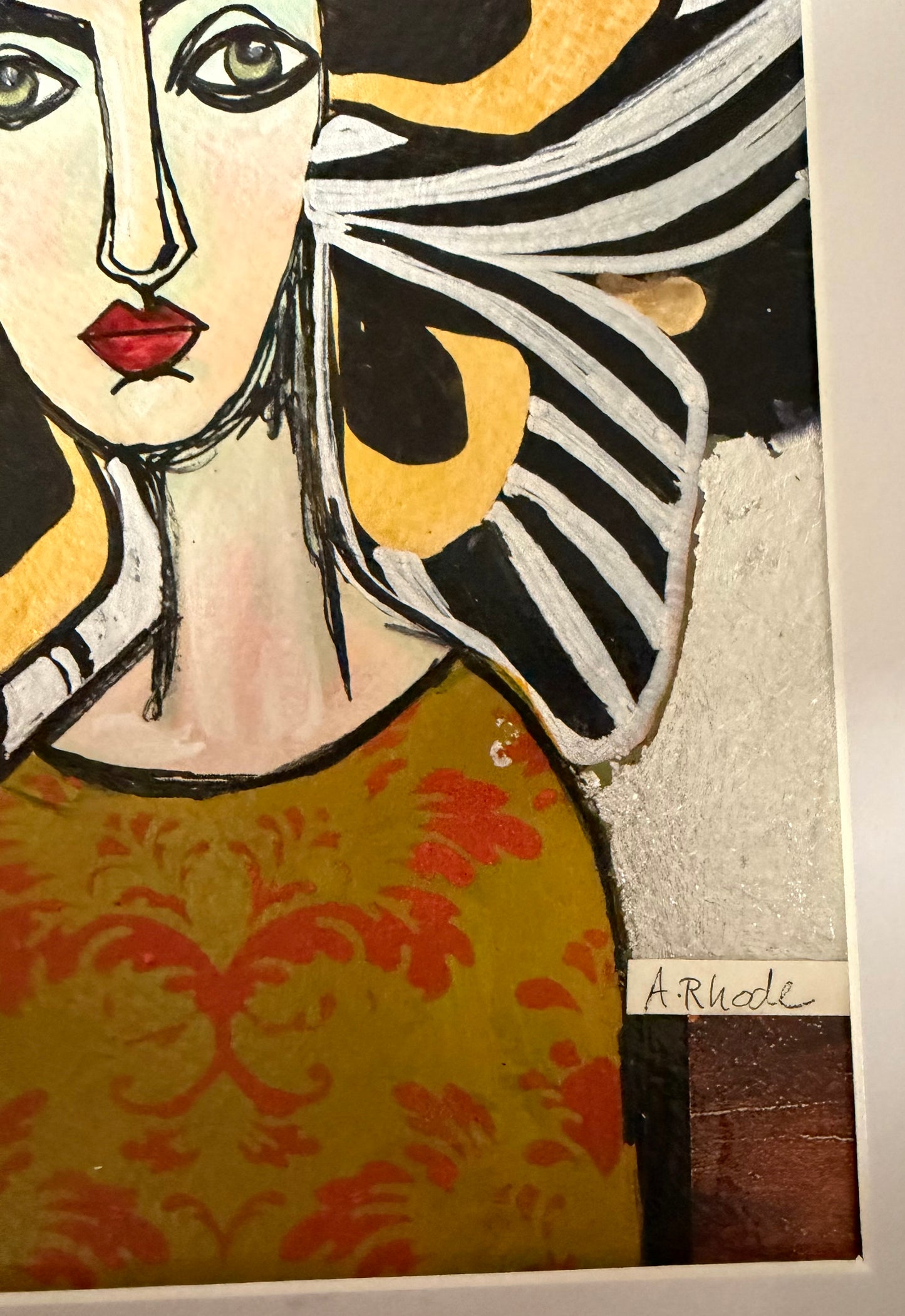 Original,signed painting/mixed media collage in black frame, 12x15” flower girl portrait.