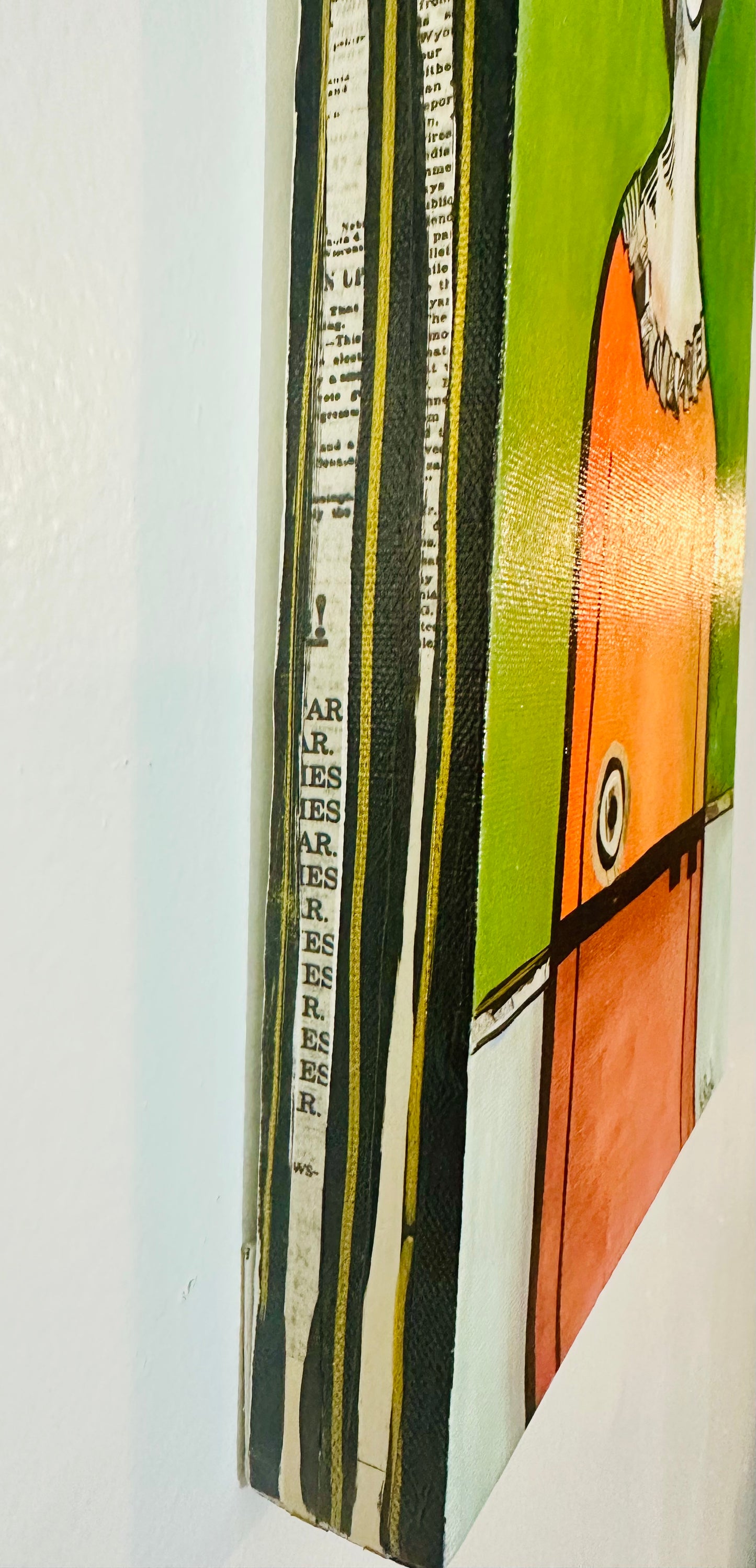 Original, signed painting-10x20” wide collage edge canvas: Abstract portrait w/ mixed media