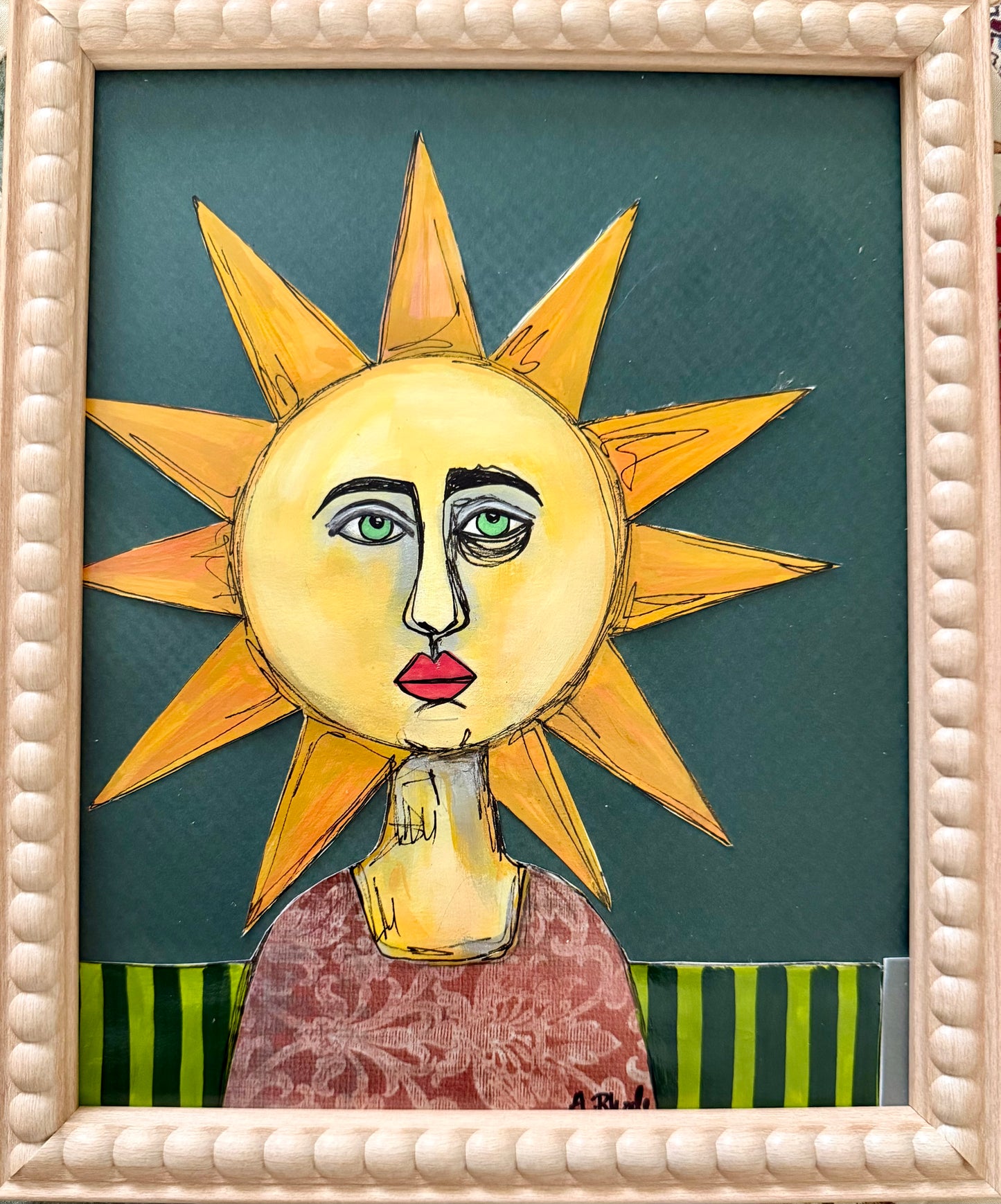 Original,signed small painting/mixed media collage portrait on board in simple frame 9x11