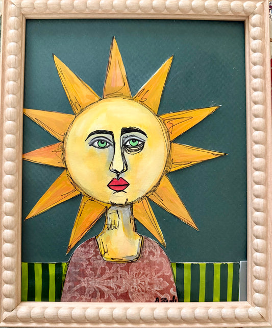 Original,signed small painting/mixed media collage portrait on board in simple frame 9x11