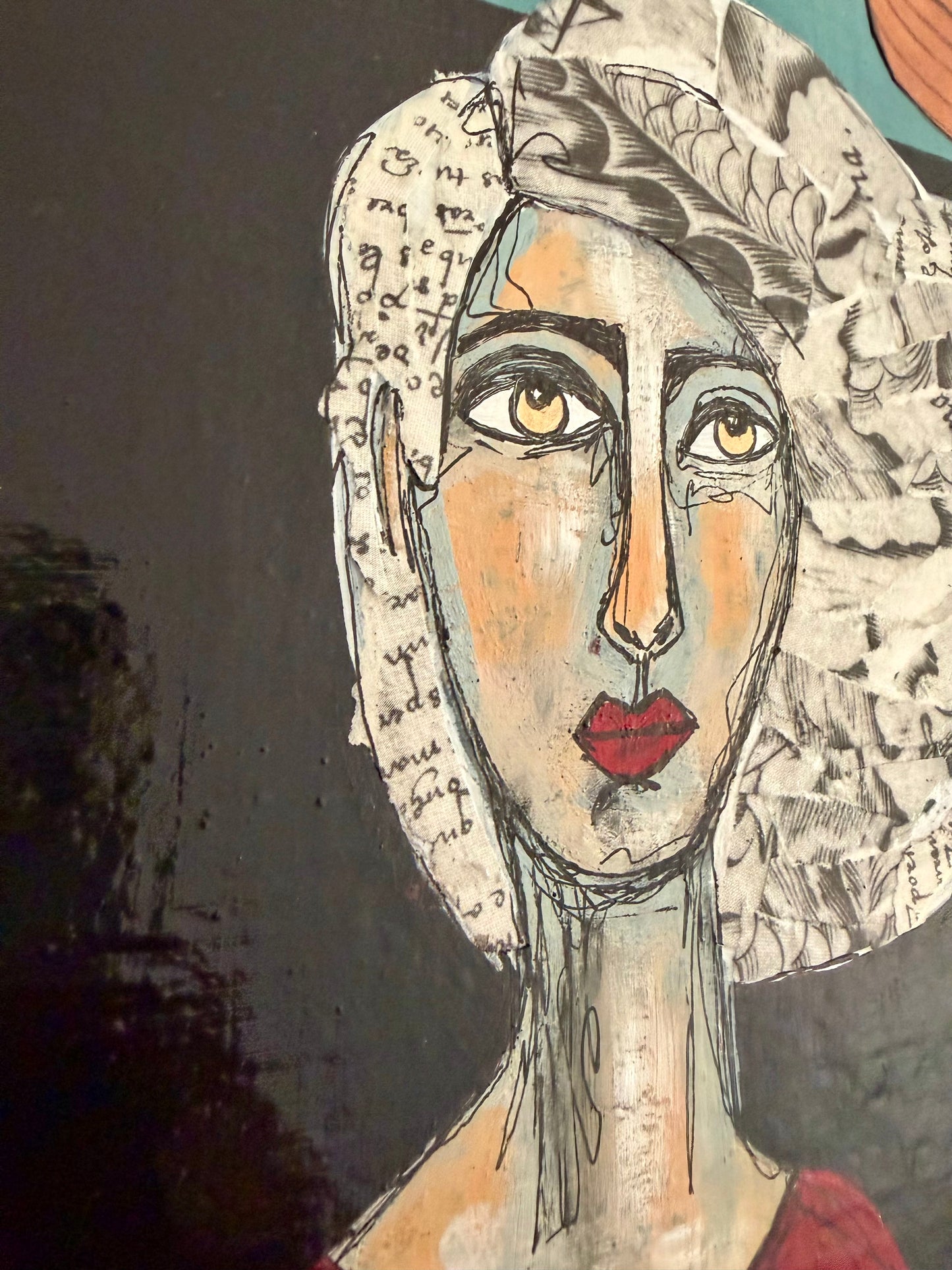 Original, signed mixed media painting/collage on 1in framed wood panel   Abstract portrait w/mixed media -12x12”