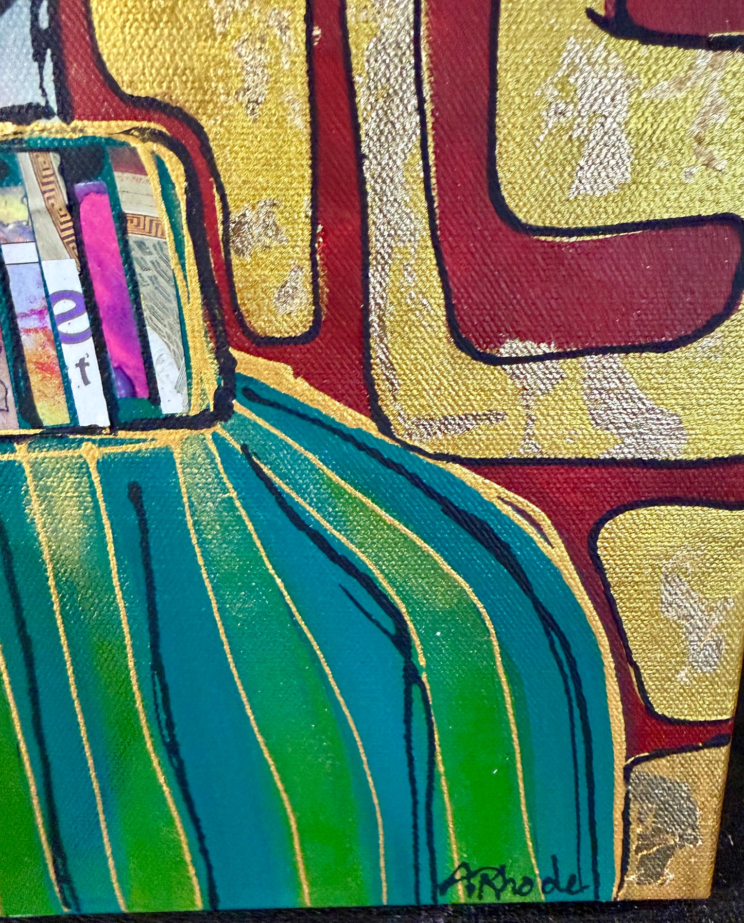 Original, signed painting-12x24” painted edge canvas: Abstract portrait w/ mixed media crown