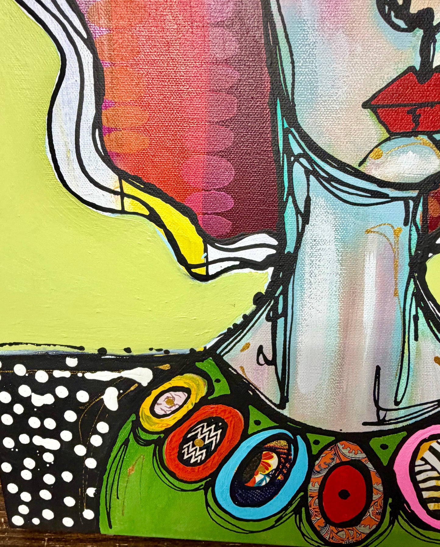 Original, signed painting-20x24”wide edge canvas: Abstract portrait with mixed media and collage edge