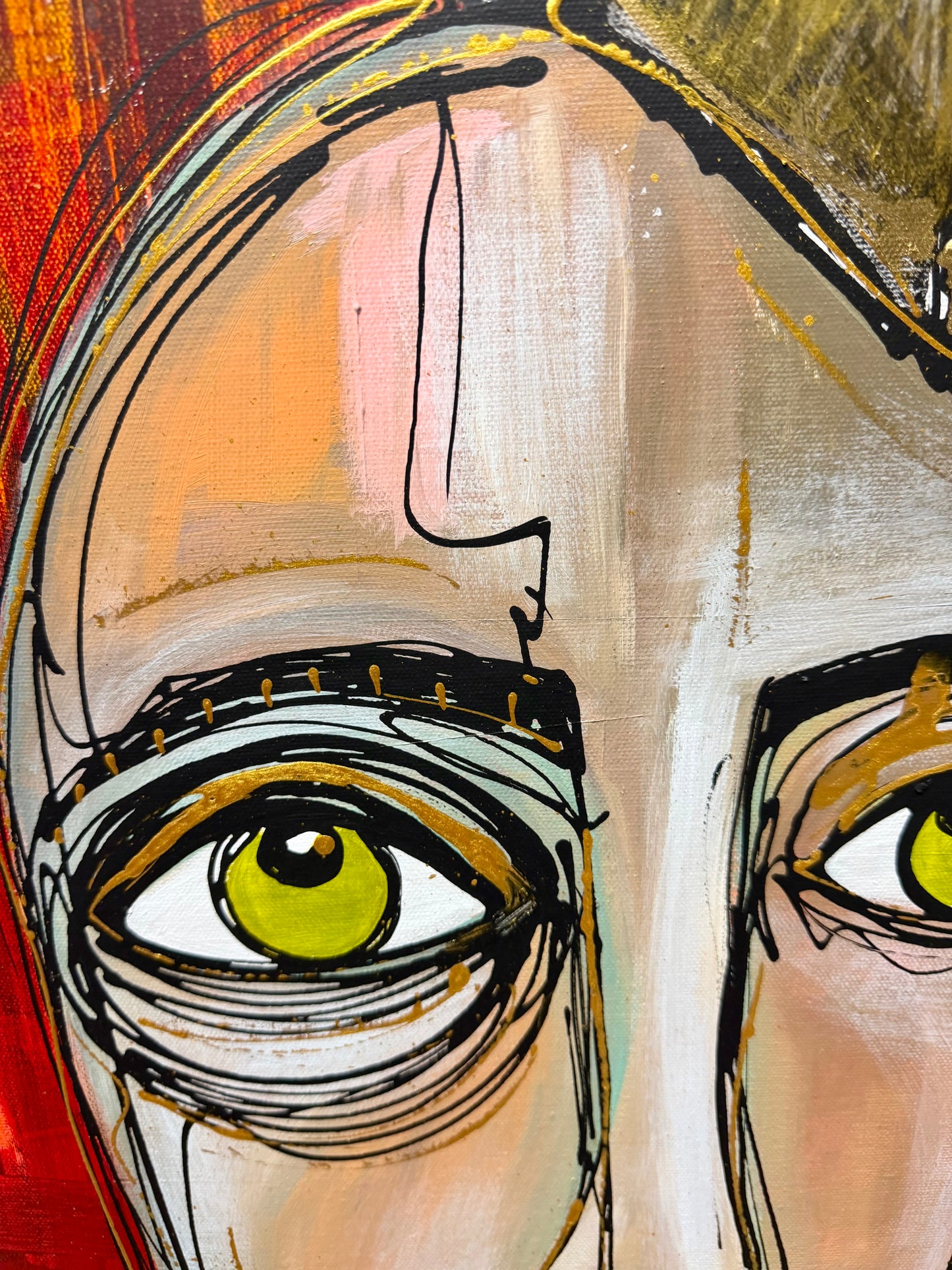 36x48 Original signed painting-wide gallery edge canvas Abstract portrait, acrylic w/mixed media collage & painted edge