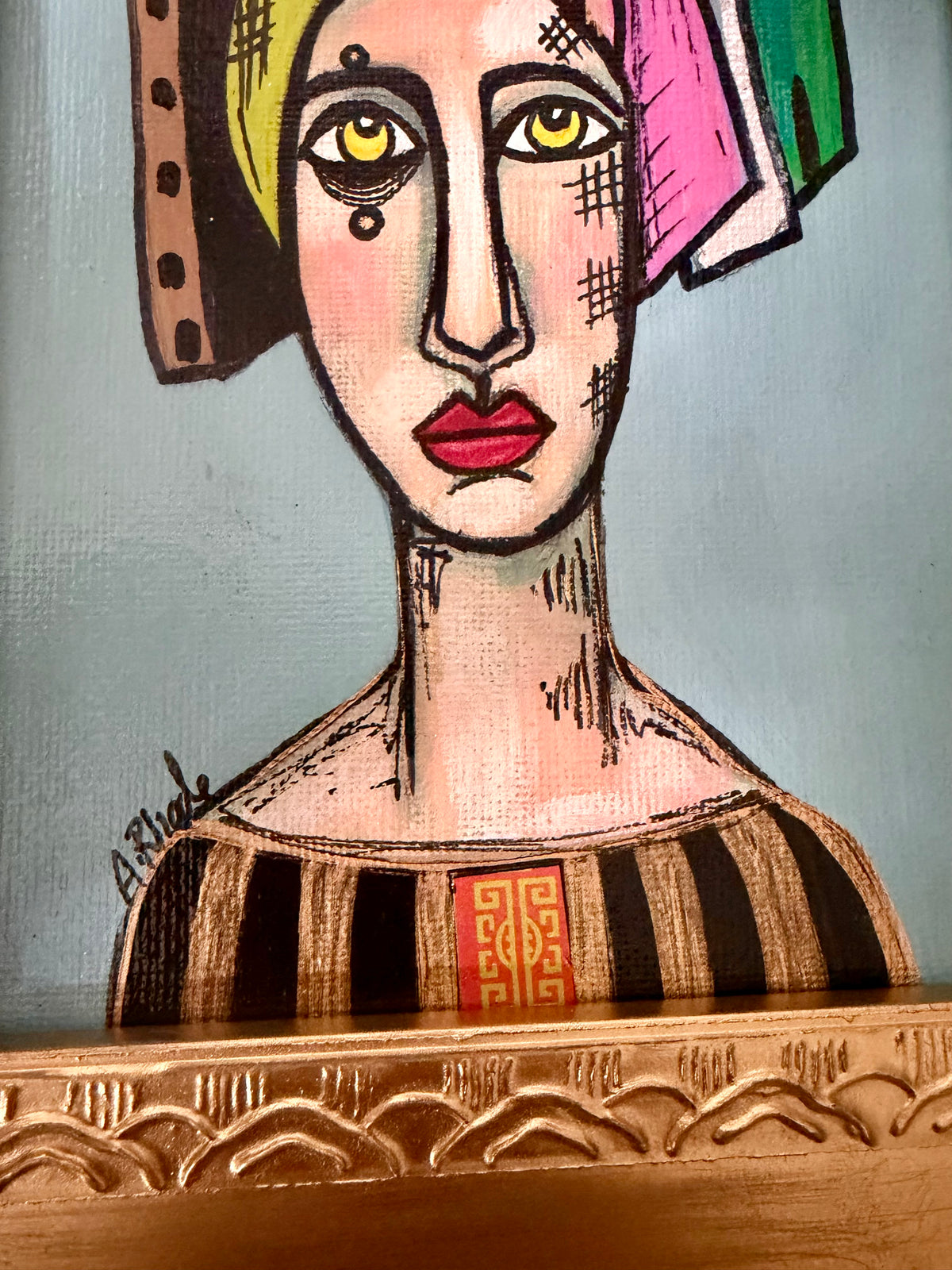 Original,signed painting-mixed media portrait on canvas in gold frame 10x12