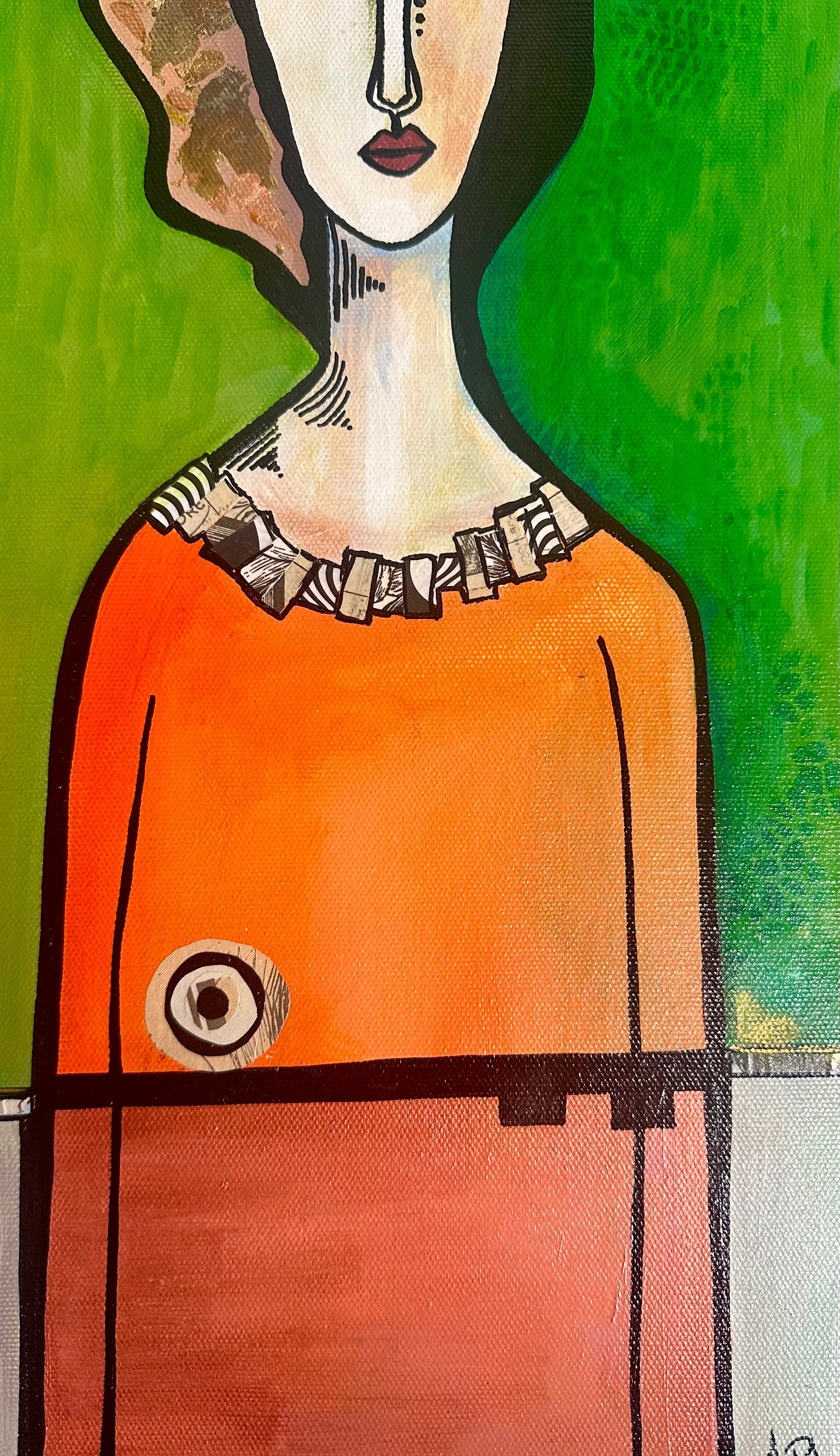 Original, signed painting-10x20” wide collage edge canvas: Abstract portrait w/ mixed media