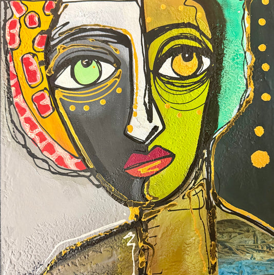 Original, signed mixed media painting/collage on boxed framed wood panel   Abstract portrait w/mixed media -12x12”