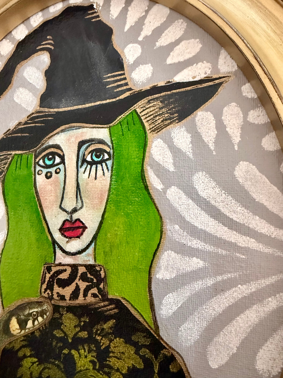 Original,signed oval Witch painting & mixed media on canvas board in gold frame11x13”