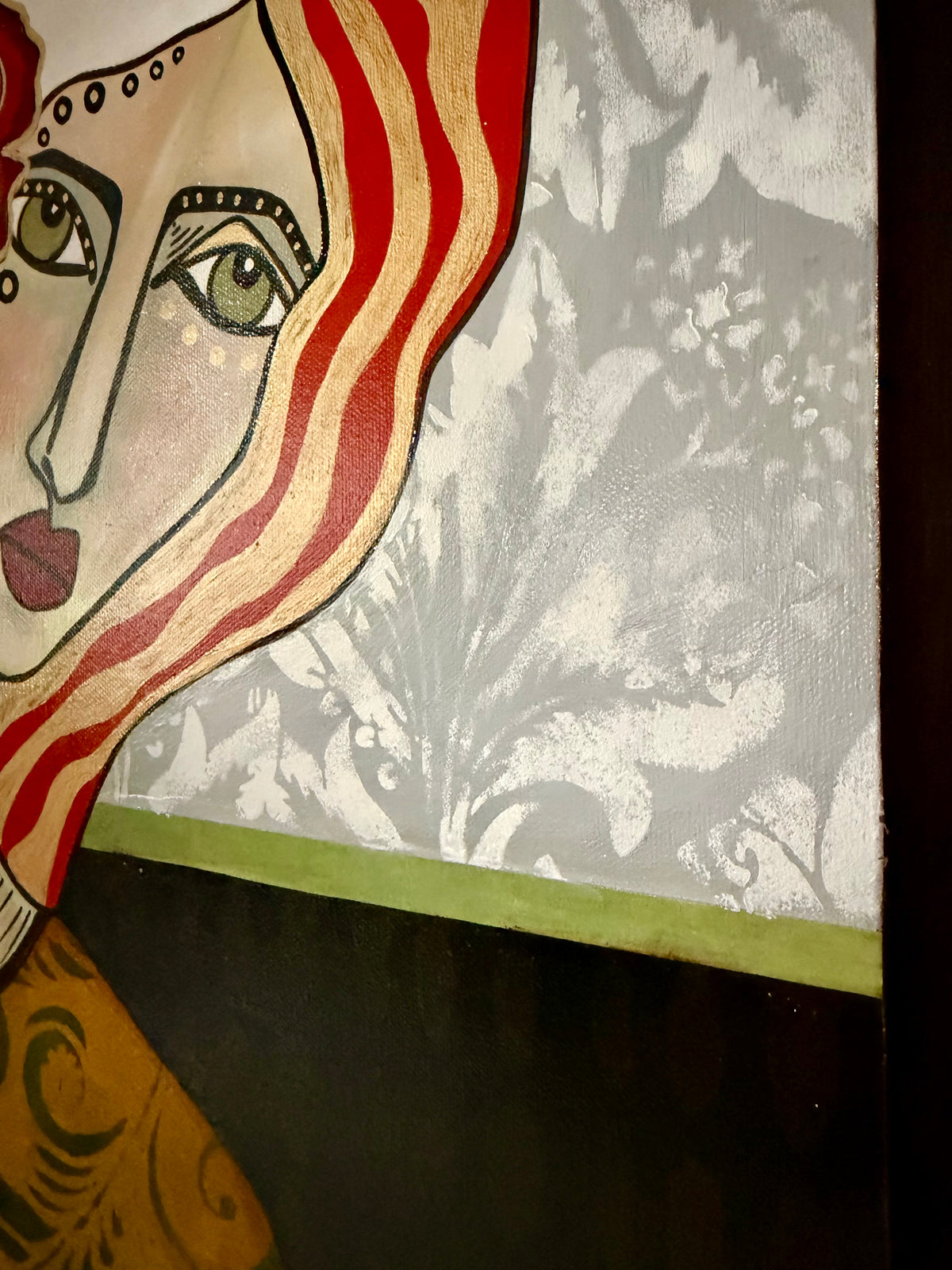 16x20 Original signed painting on arched canvas w/ gold edge. Abstract portrait, acrylic
