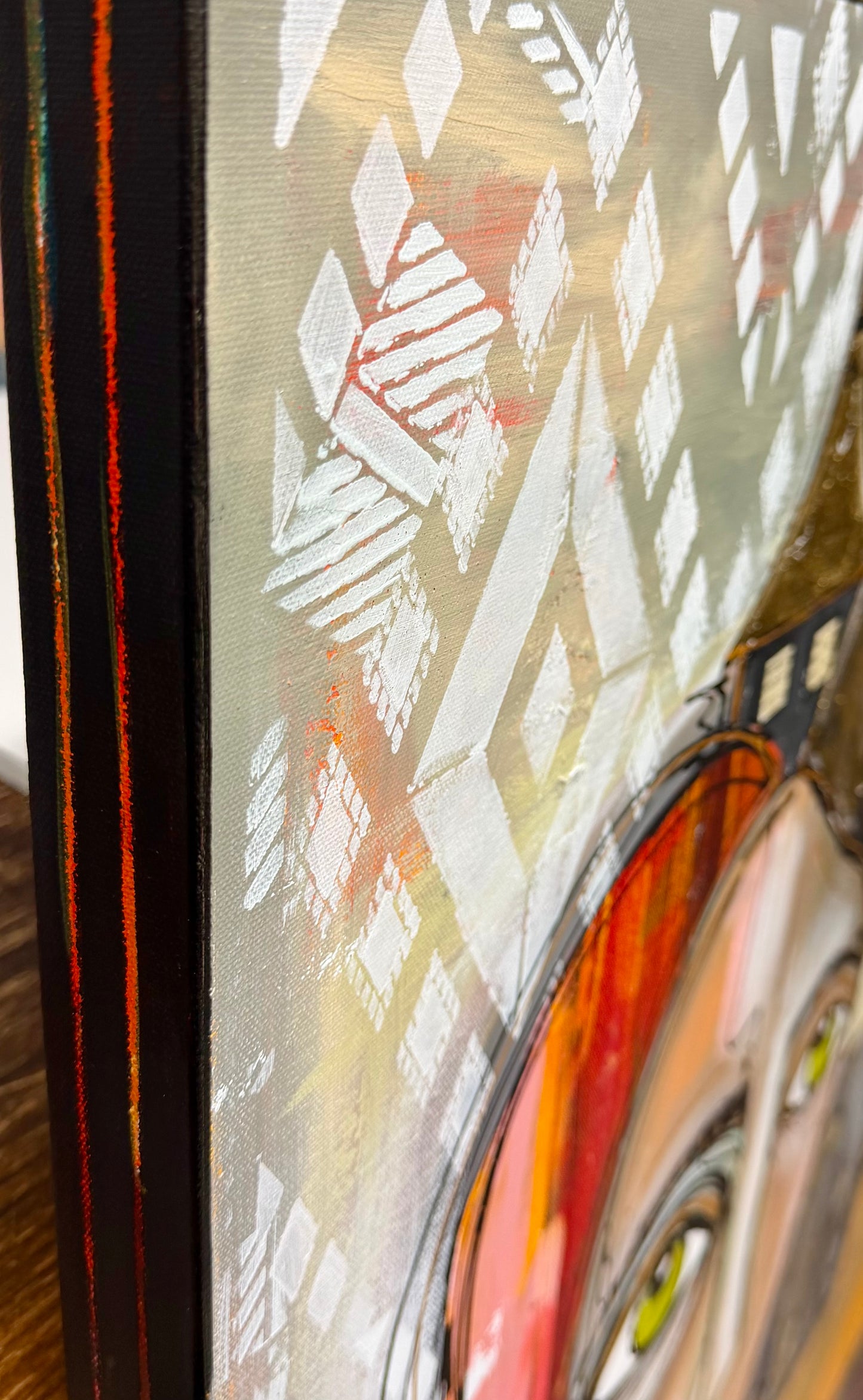 36x48 Original signed painting-wide gallery edge canvas Abstract portrait, acrylic w/mixed media collage & painted edge