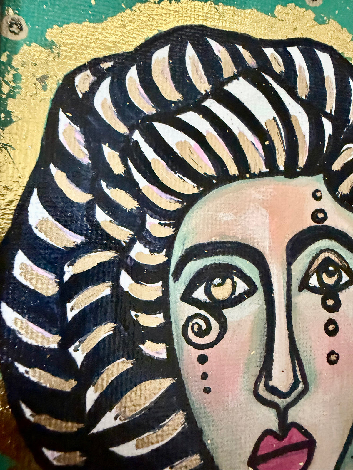 Original,signed painting-mixed media portrait on canvas in gold frame 9x11