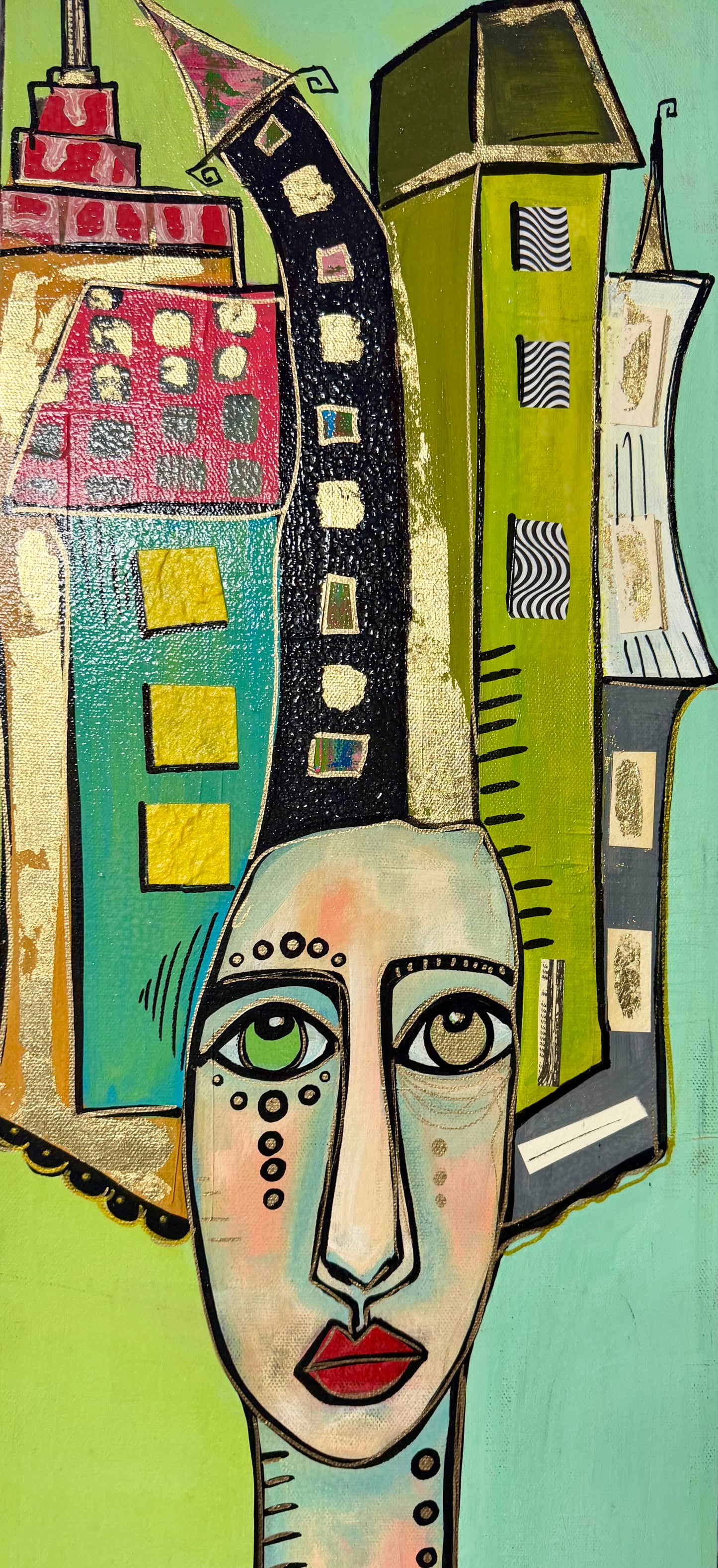 10x30” Original signed painting on painted edge canvas. Tall Abstract portrait, acrylic w/collage cityscape